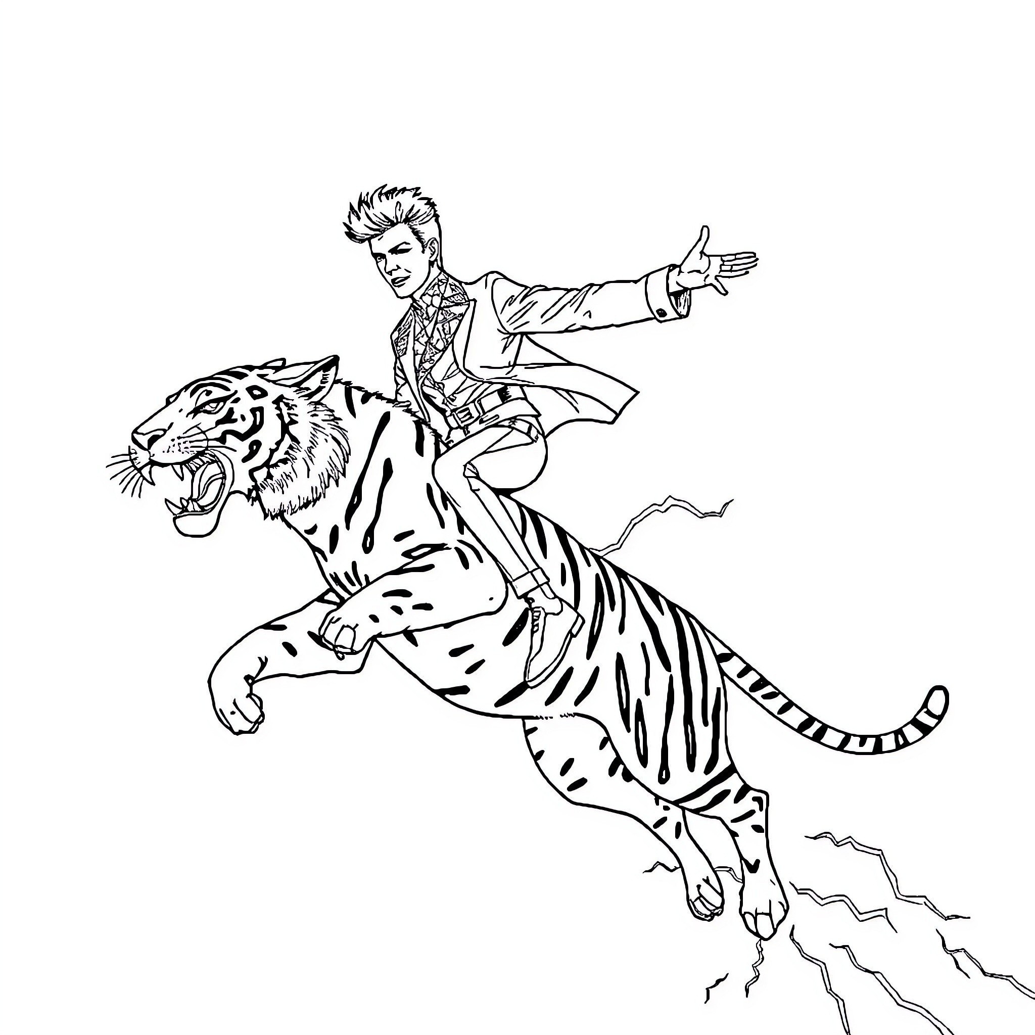 David Bowie rides a fierce tiger in a striking pose Coloring Page (free black-and-white line drawing printable PDF for all, from beginners to advanced learners, including children, teens, adults, and seniors)