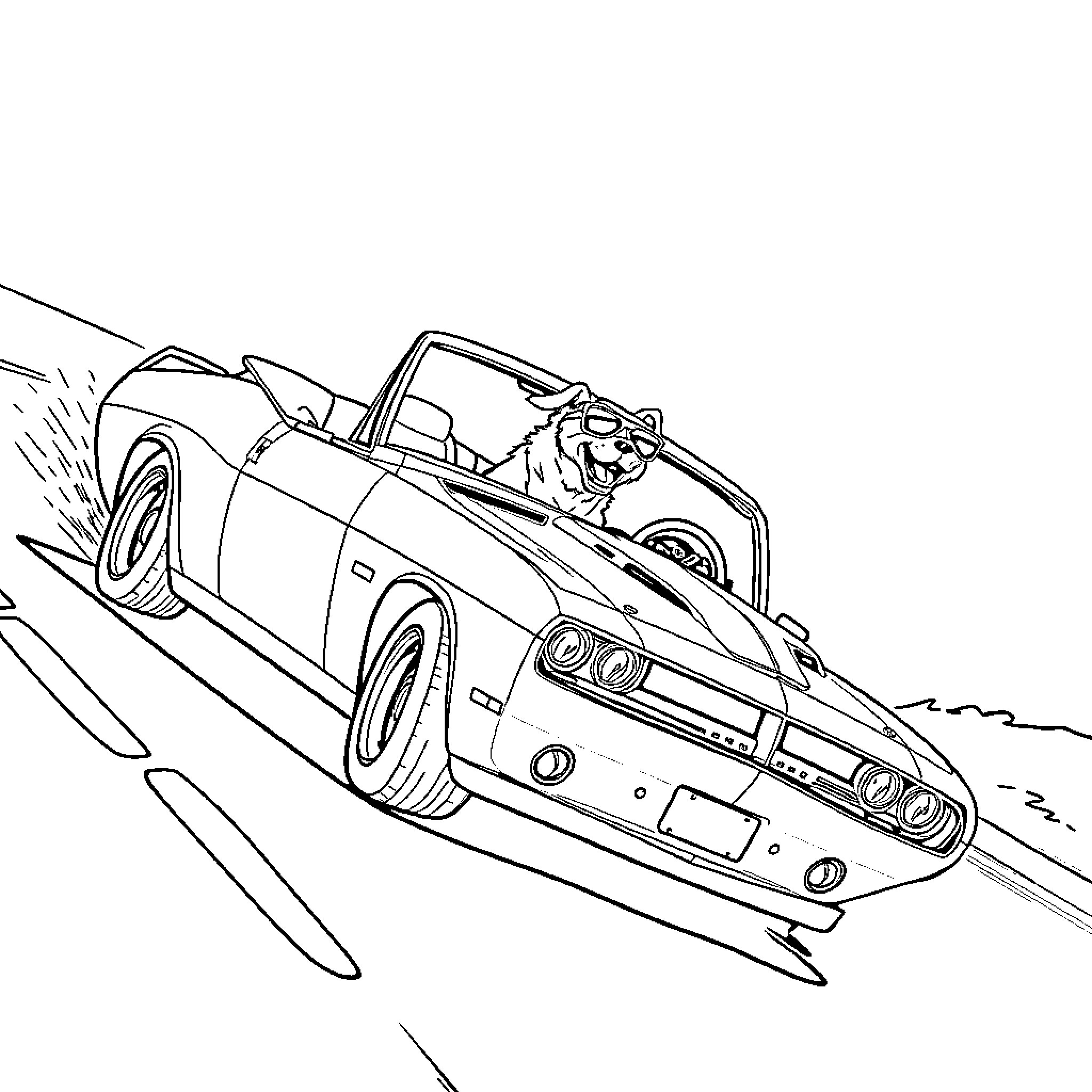 Muscle Car in high-speed action Coloring Page (free black-and-white line drawing printable PDF for all, from beginners to advanced learners, including children, teens, adults, and seniors)
