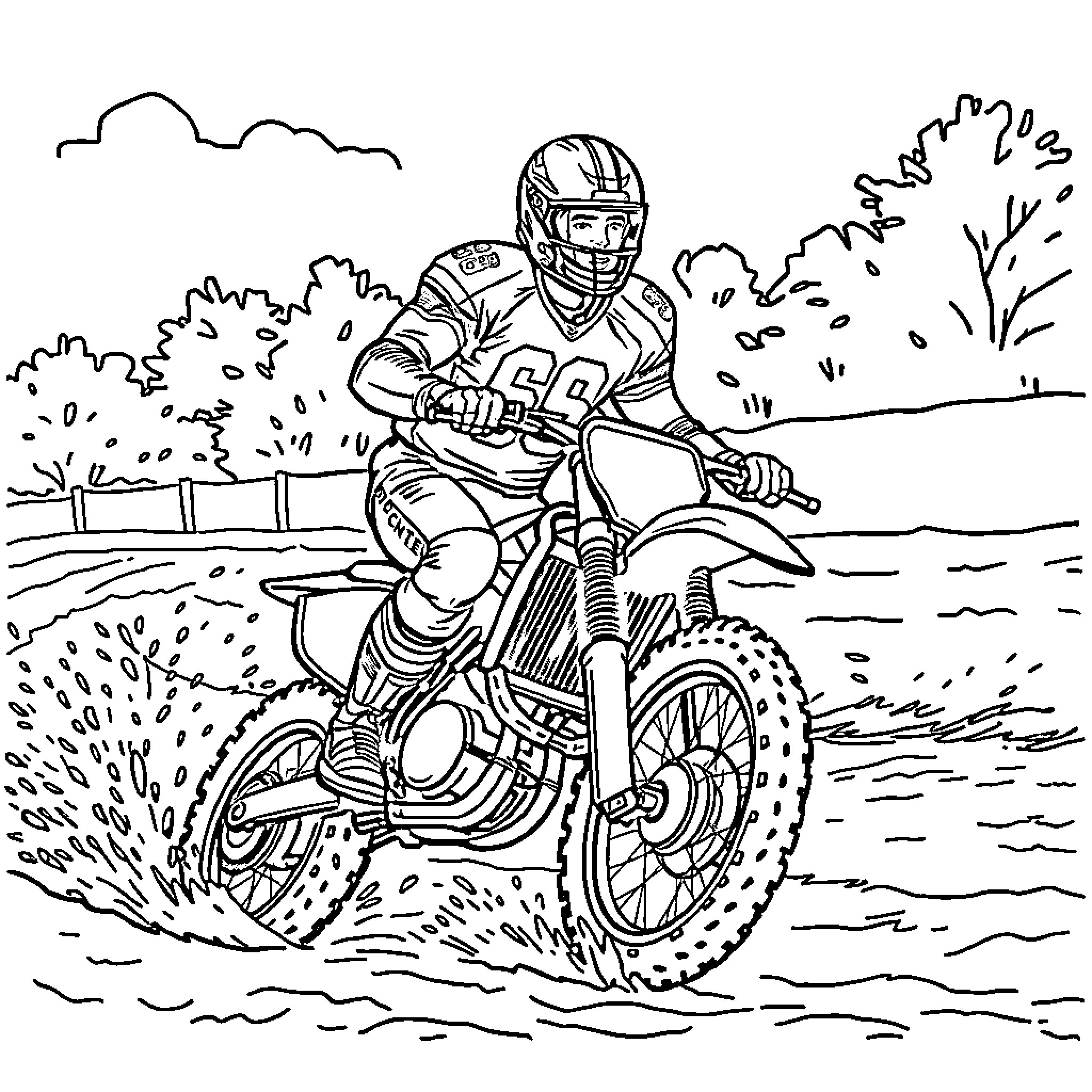 Football Player riding a motorcycle on a dirt trail Coloring Page (free black-and-white line drawing printable PDF for all, from beginners to advanced learners, including children, teens, adults, and seniors)
