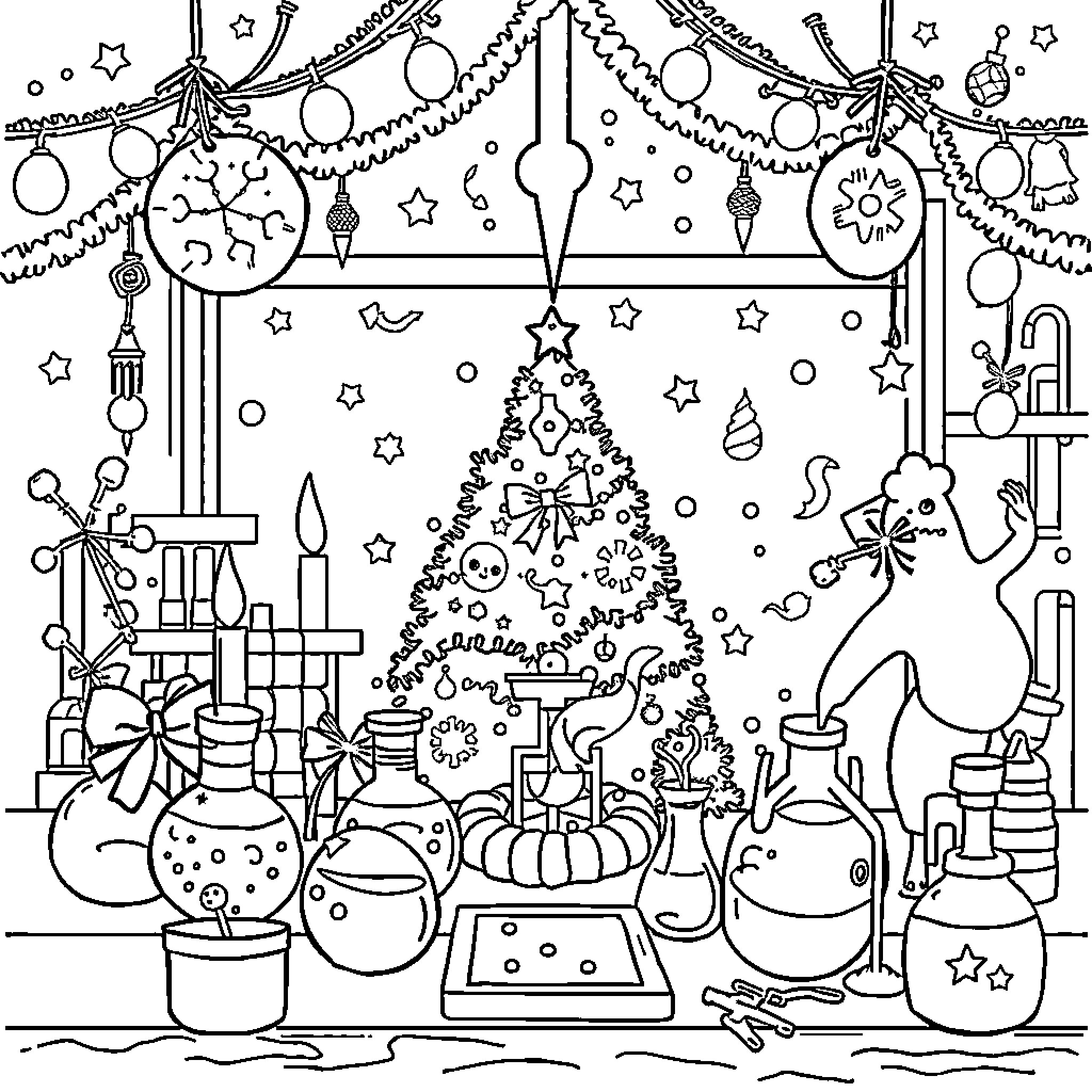 Science Themed Winter Wonderland Scene Coloring Page (free black-and-white line drawing printable PDF for all, from beginners to advanced learners, including children, teens, adults, and seniors)