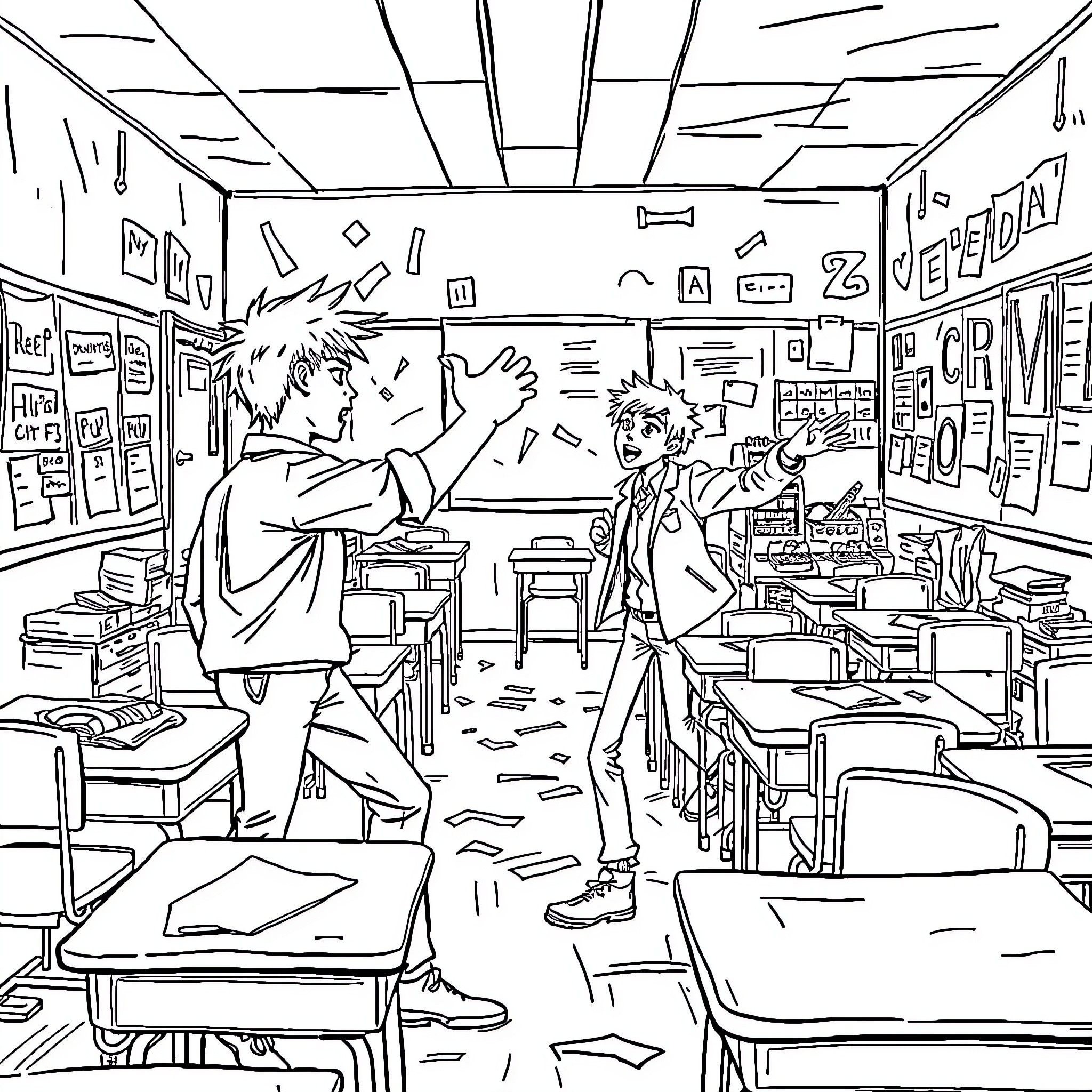 Bully troubling others in a chaotic school setting Coloring Page (free black-and-white line drawing printable PDF for all, from beginners to advanced learners, including children, teens, adults, and seniors)