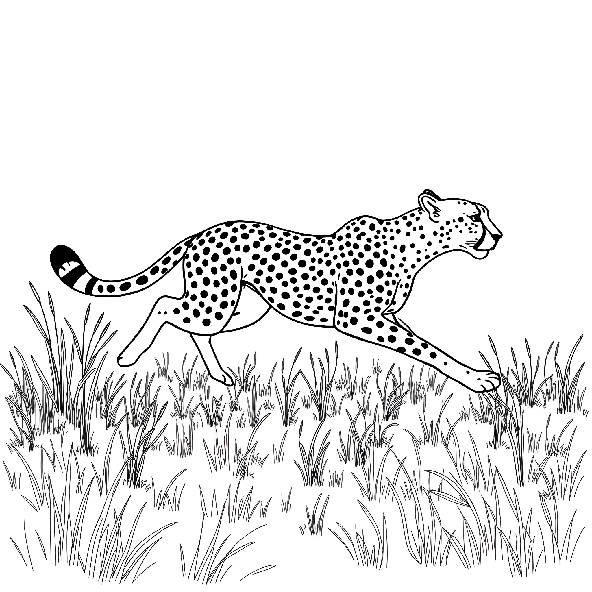 Cheetah prowling through tall grass Coloring Page (free black-and-white line drawing printable PDF for all, from beginners to advanced learners, including children, teens, adults, and seniors)