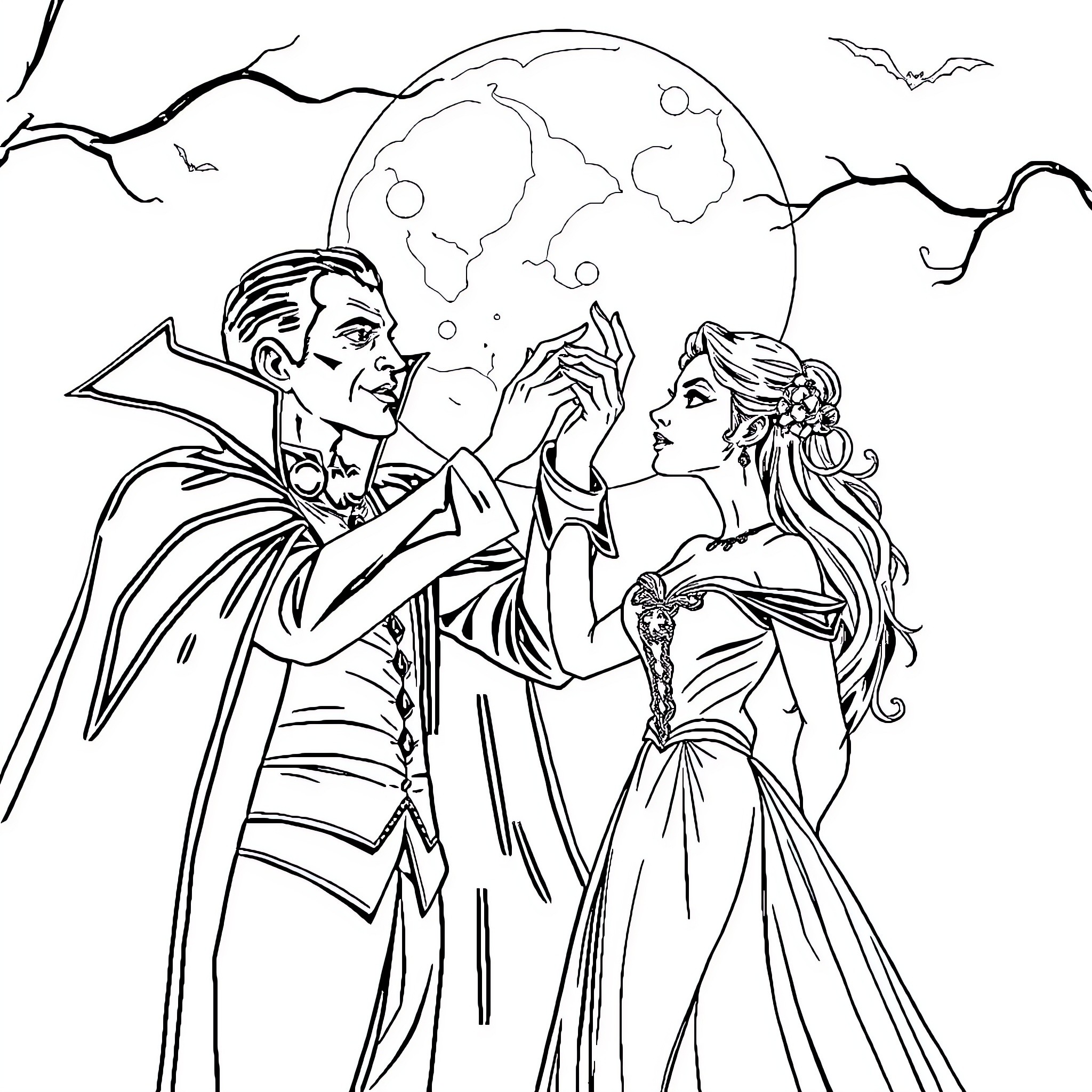 Dracula's Romantic Encounter Under the Moonlight Coloring Page (free black-and-white line drawing printable PDF for all, from beginners to advanced learners, including children, teens, adults, and seniors)