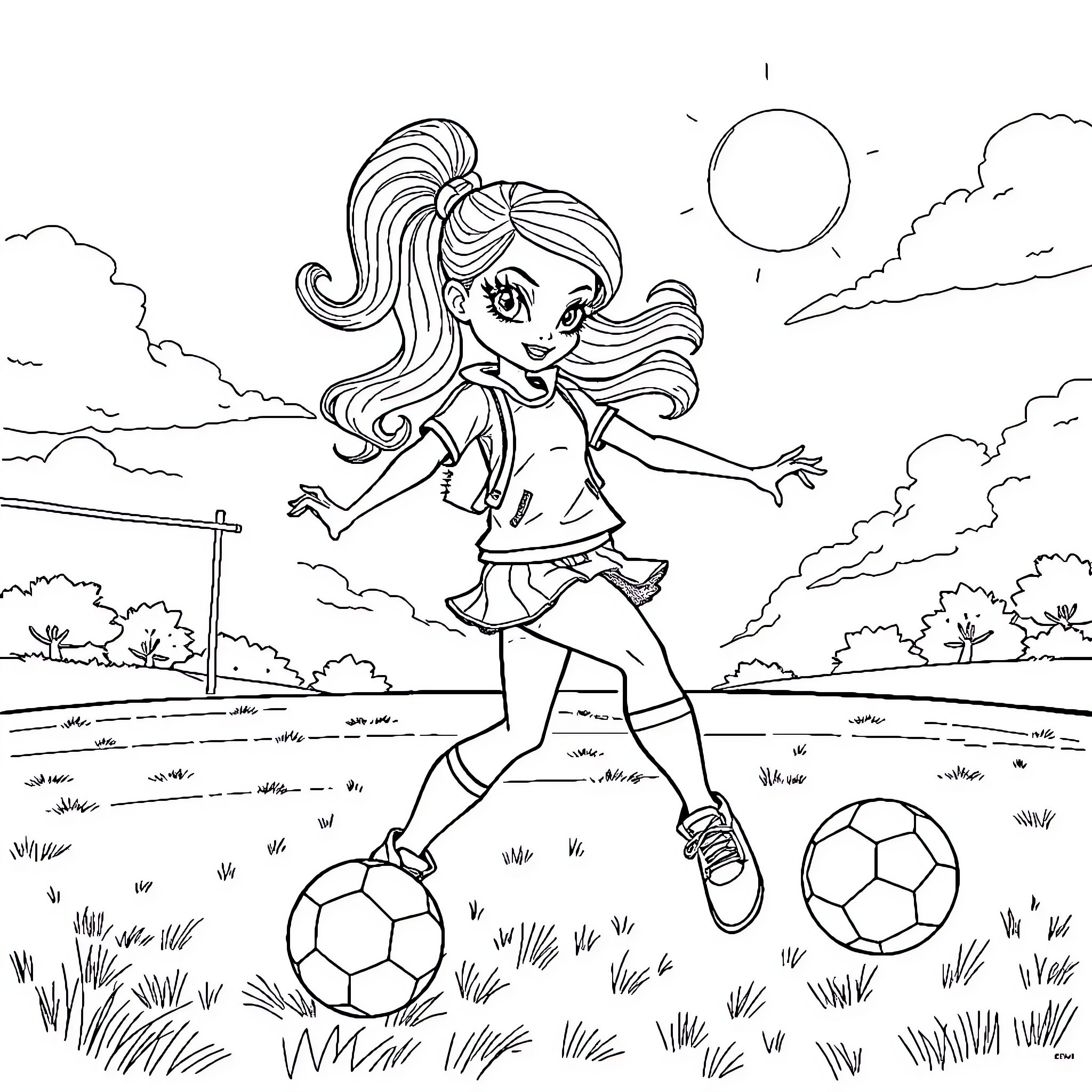 Bratz Girl Playfully Kicking Soccer Ball Outdoors Coloring Page (free black-and-white line drawing printable PDF for all, from beginners to advanced learners, including children, teens, adults, and seniors)