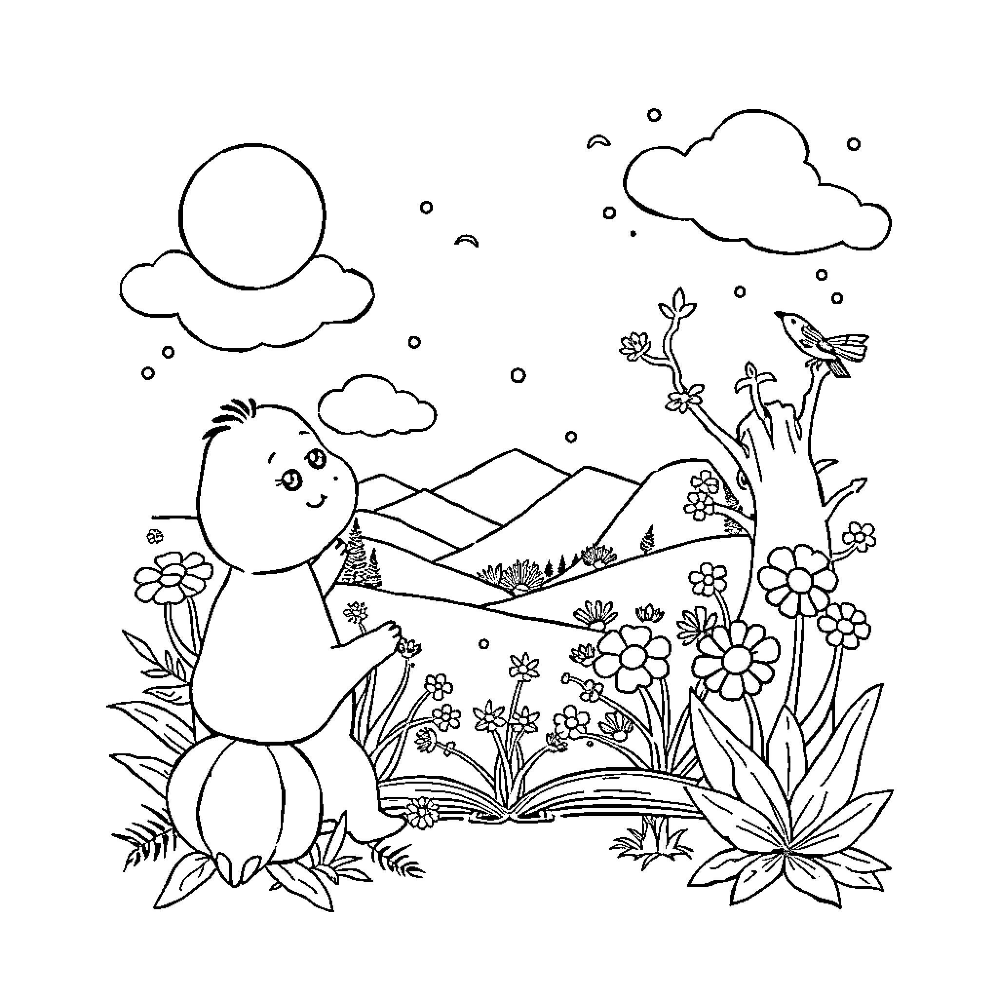 Book of Nature's Wonders Coloring Page (free black-and-white line drawing printable PDF for all, from beginners to advanced learners, including children, teens, adults, and seniors)