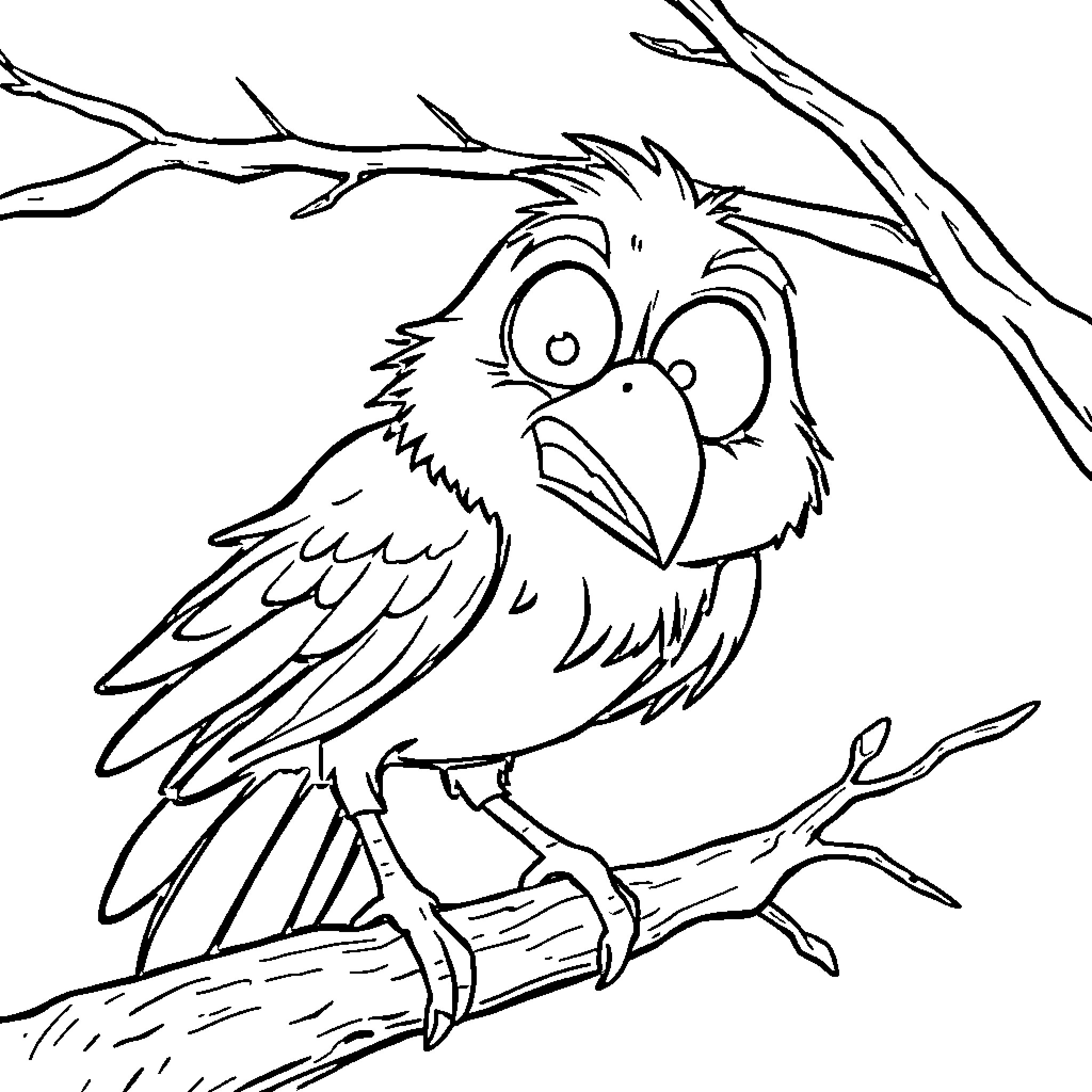 Crow perched on a branch with an intrigued expression Coloring Page (free black-and-white line drawing printable PDF for all, from beginners to advanced learners, including children, teens, adults, and seniors)
