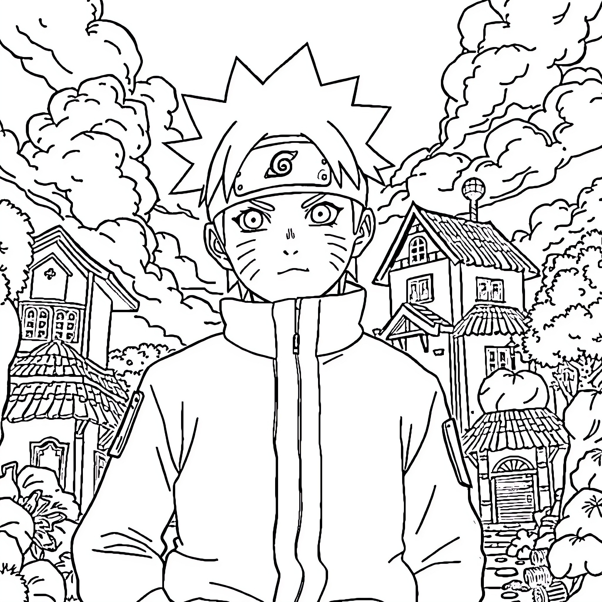 Naruto facing a chaotic scene with determination Coloring Page (free black-and-white line drawing printable PDF for all, from beginners to advanced learners, including children, teens, adults, and seniors)