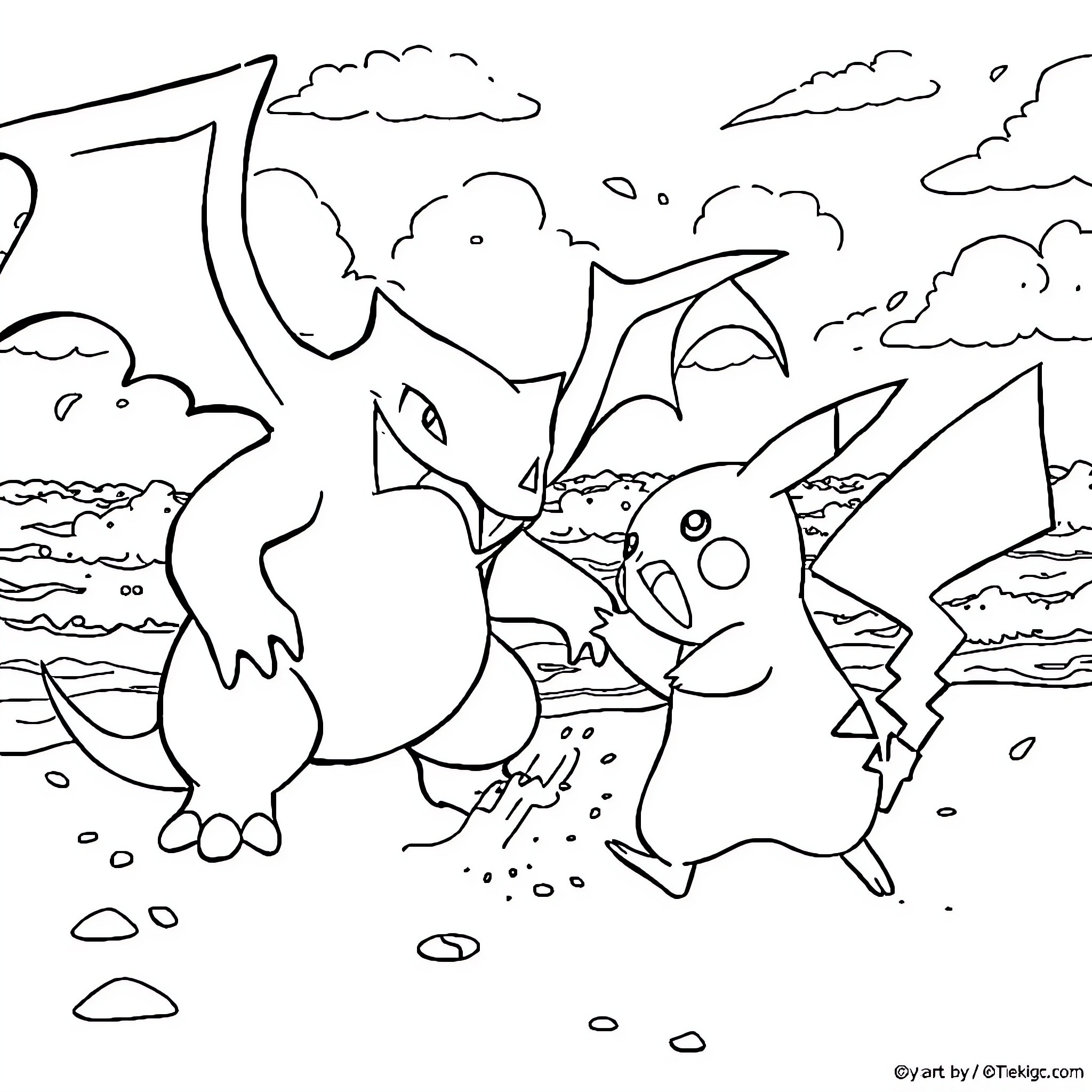 Gengar and Pikachu Playing in the Outdoors Coloring Page (free black-and-white line drawing printable PDF for all, from beginners to advanced learners, including children, teens, adults, and seniors)