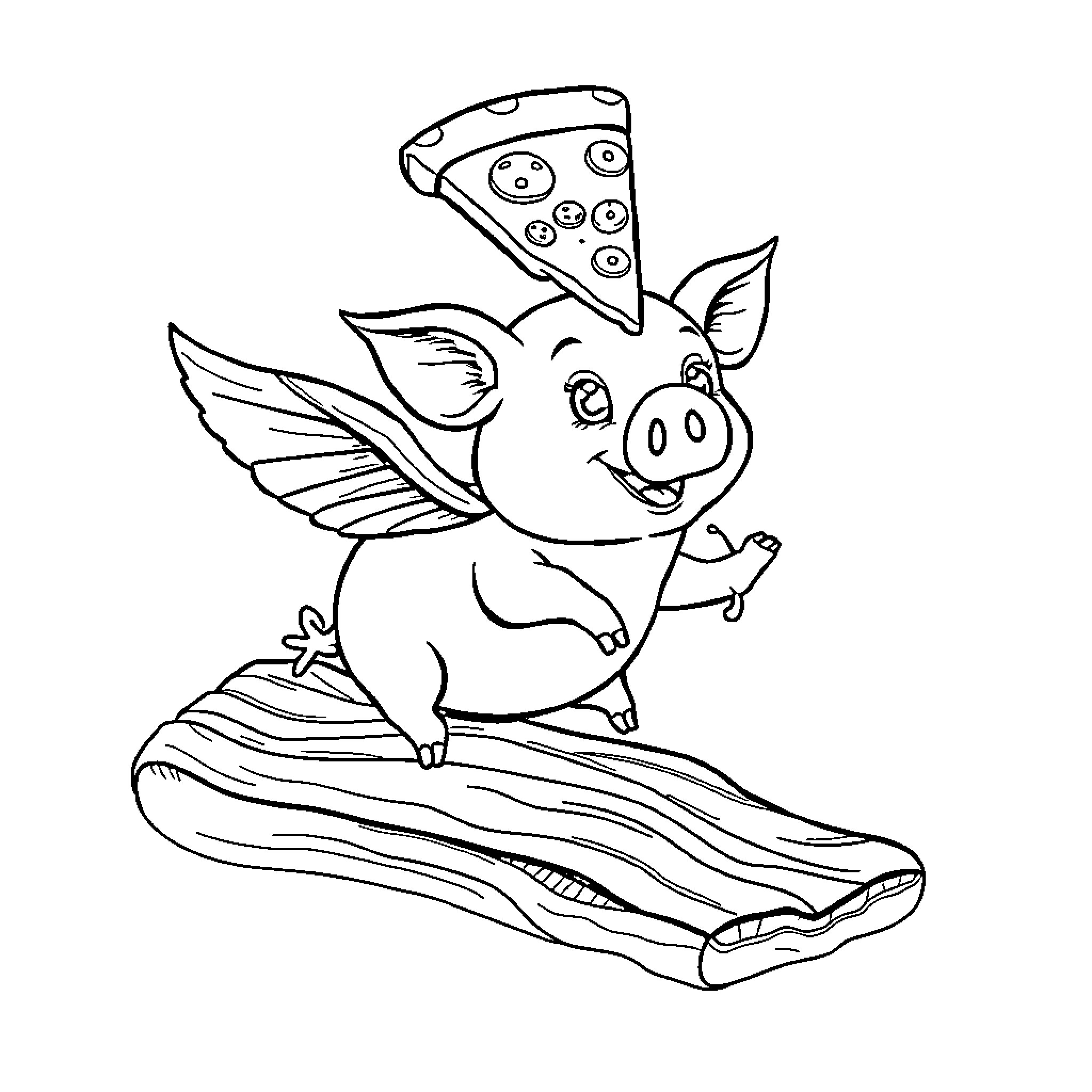 Flying Pig Delivers Pizza Slice on Surfboard Coloring Page (free black-and-white line drawing printable PDF for all, from beginners to advanced learners, including children, teens, adults, and seniors)