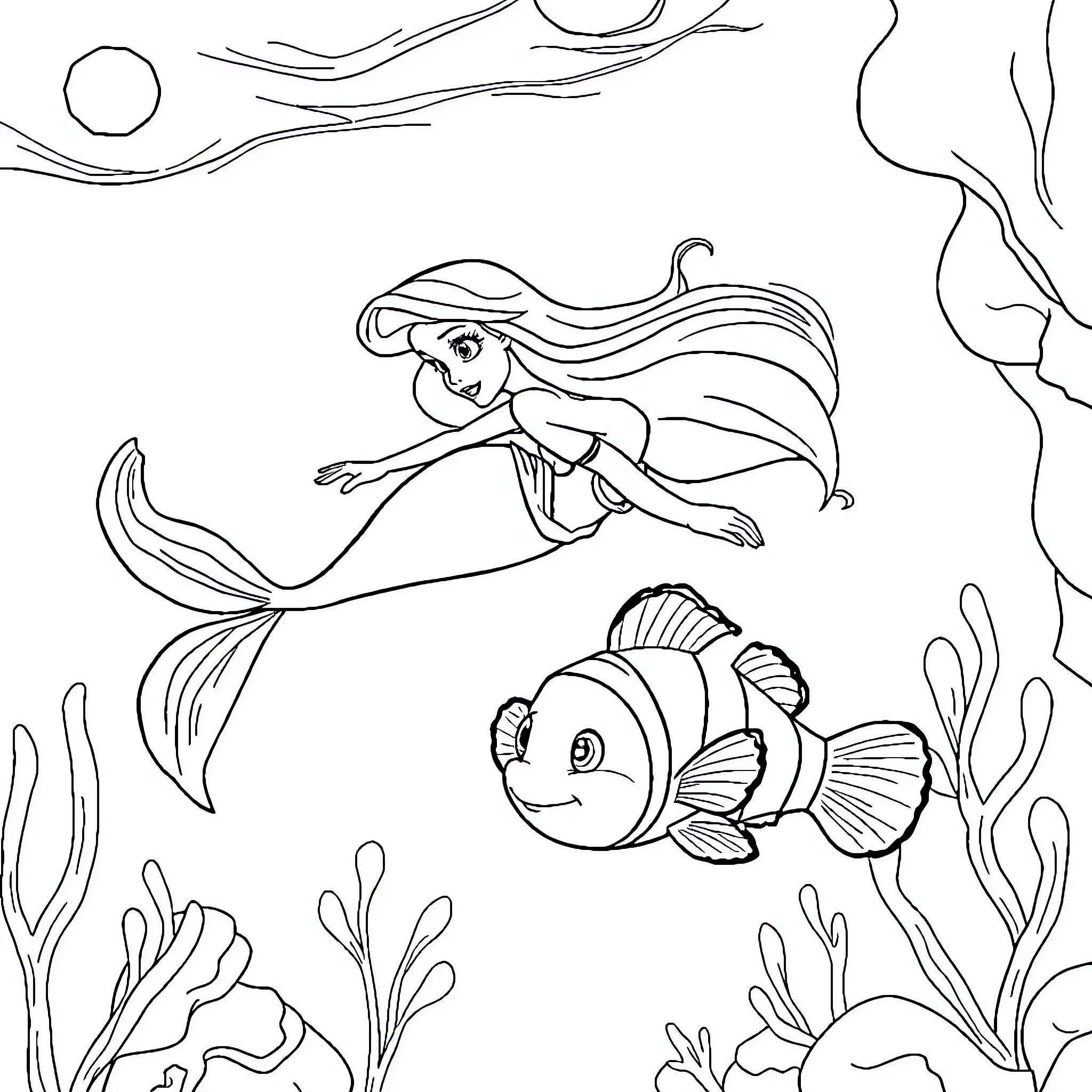 Mermaid exploring the underwater world Coloring Page (free black-and-white line drawing printable PDF for all, from beginners to advanced learners, including children, teens, adults, and seniors)
