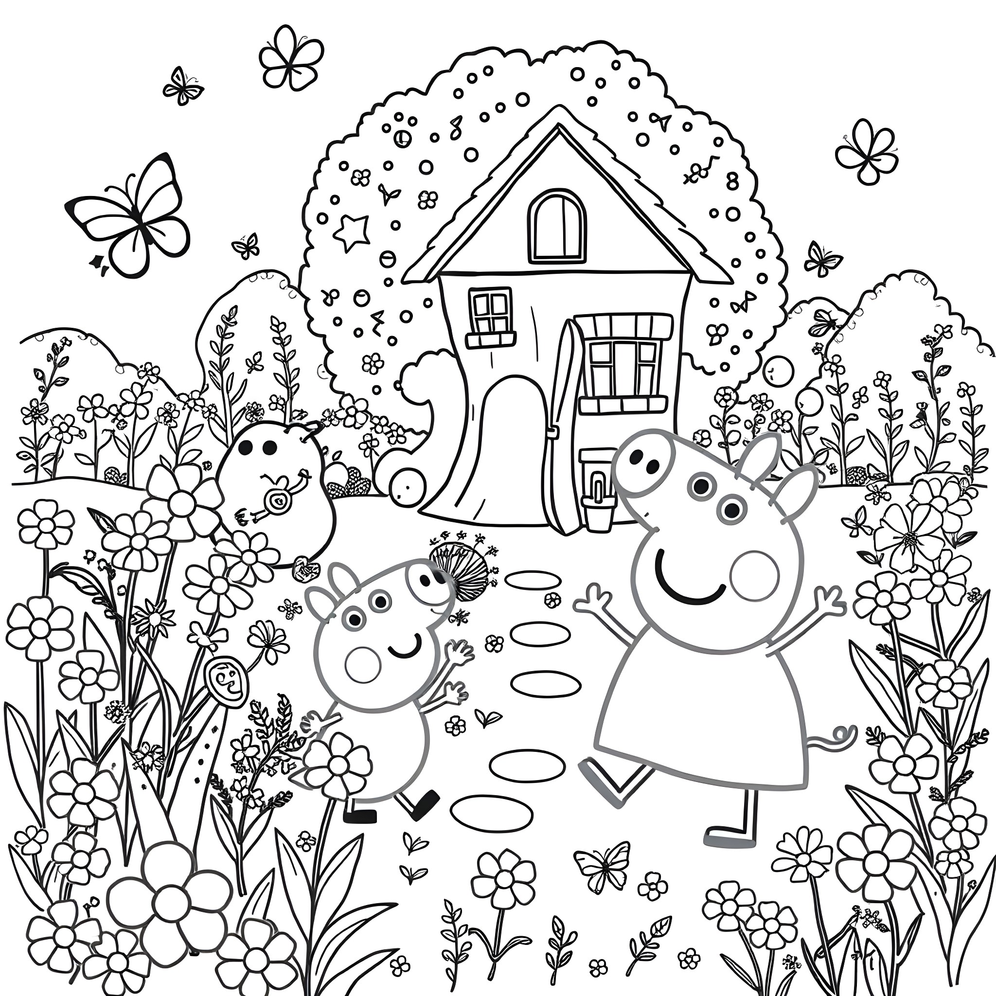 Peppa Pig enjoys a lovely day in the garden with friends Coloring Page (free black-and-white line drawing printable PDF for all, from beginners to advanced learners, including children, teens, adults, and seniors)