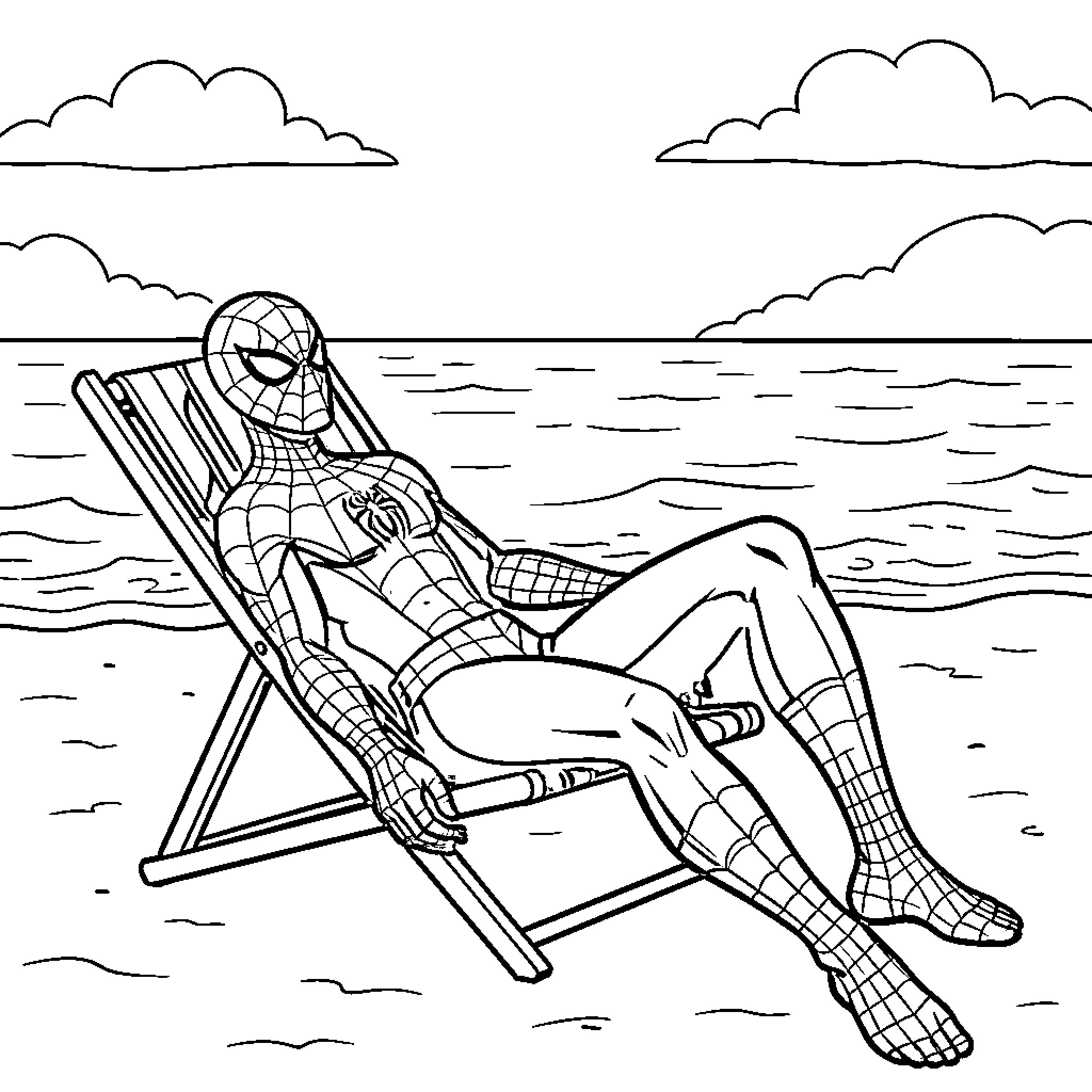 Spiderman relaxing on a beach lounge chair Coloring Page (free black-and-white line drawing printable PDF for all, from beginners to advanced learners, including children, teens, adults, and seniors)
