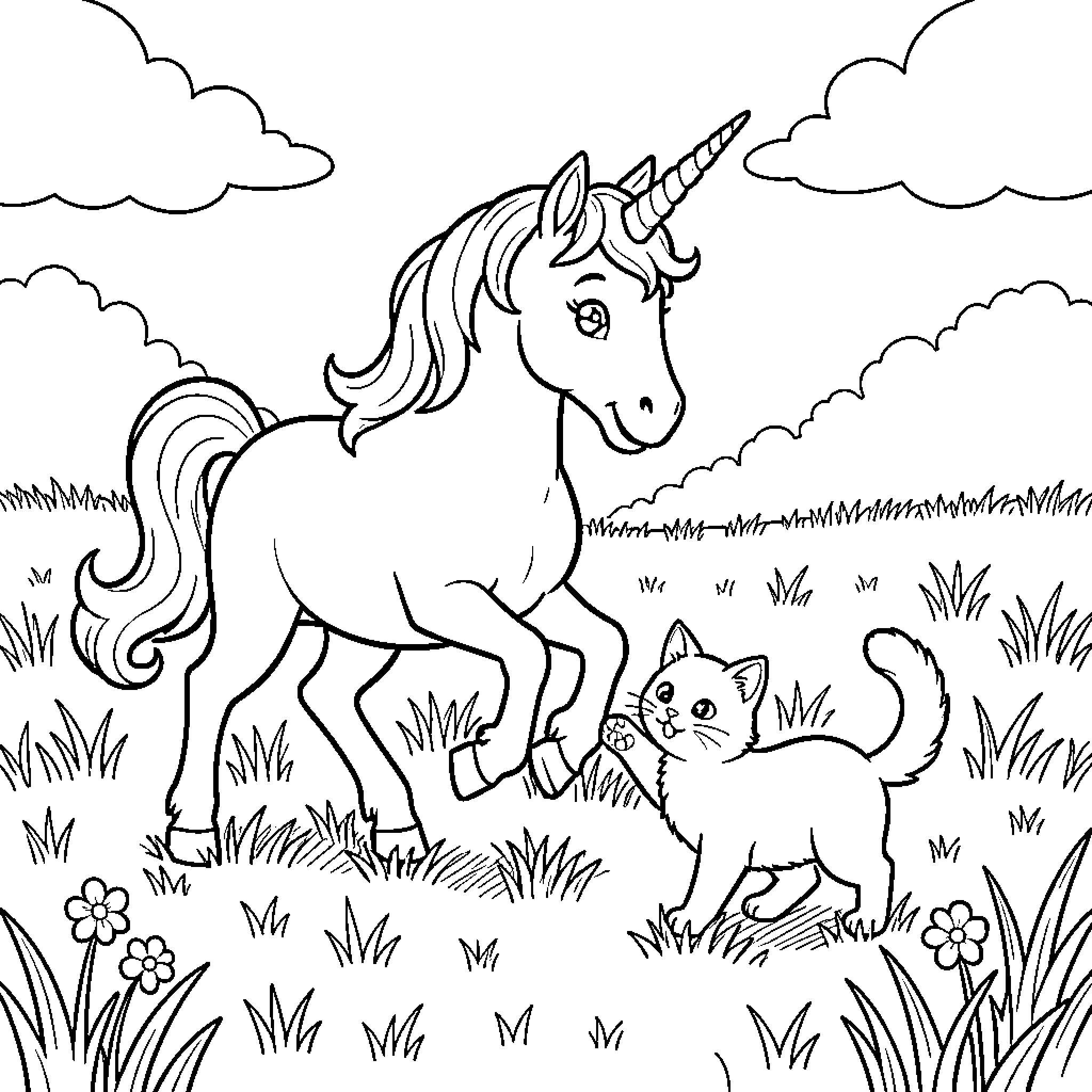 Unicorn interacting playfully with a small cat in a meadow Coloring Page (free black-and-white line drawing printable PDF for all, from beginners to advanced learners, including children, teens, adults, and seniors)