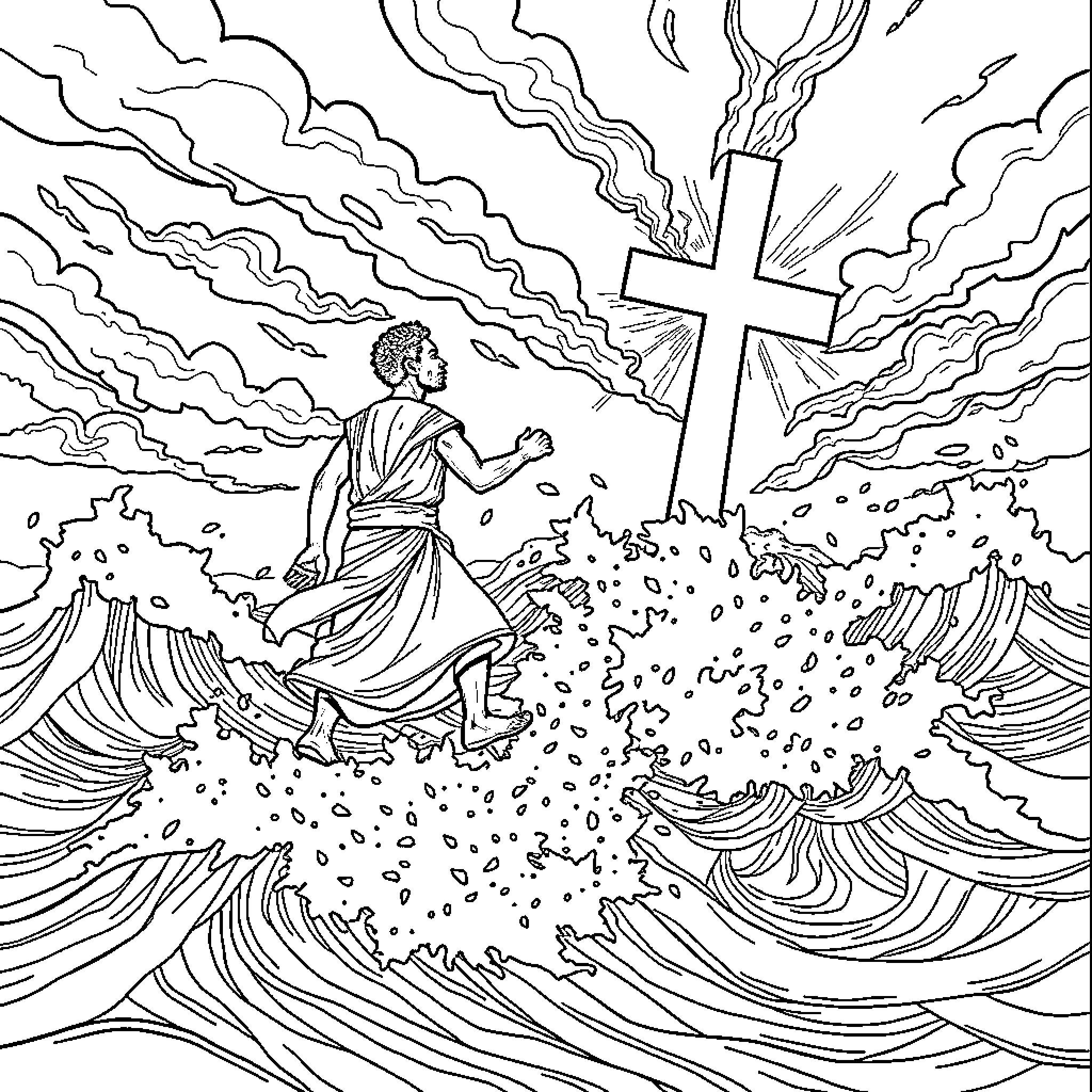 Peter's Journey Through the Stormy Seas of Faith Coloring Page (free black-and-white line drawing printable PDF for all, from beginners to advanced learners, including children, teens, adults, and seniors)
