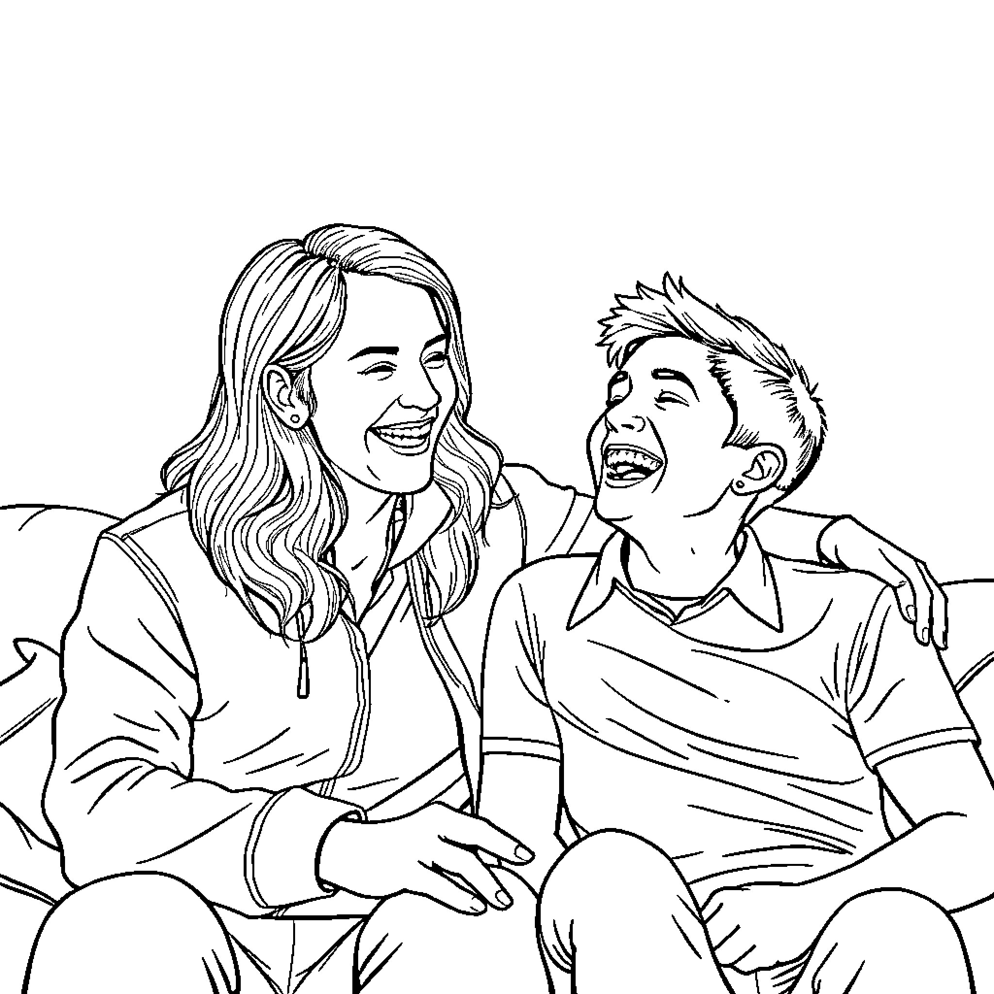 Tyler and Friend Share a Joyful Moment Coloring Page (free black-and-white line drawing printable PDF for all, from beginners to advanced learners, including children, teens, adults, and seniors)