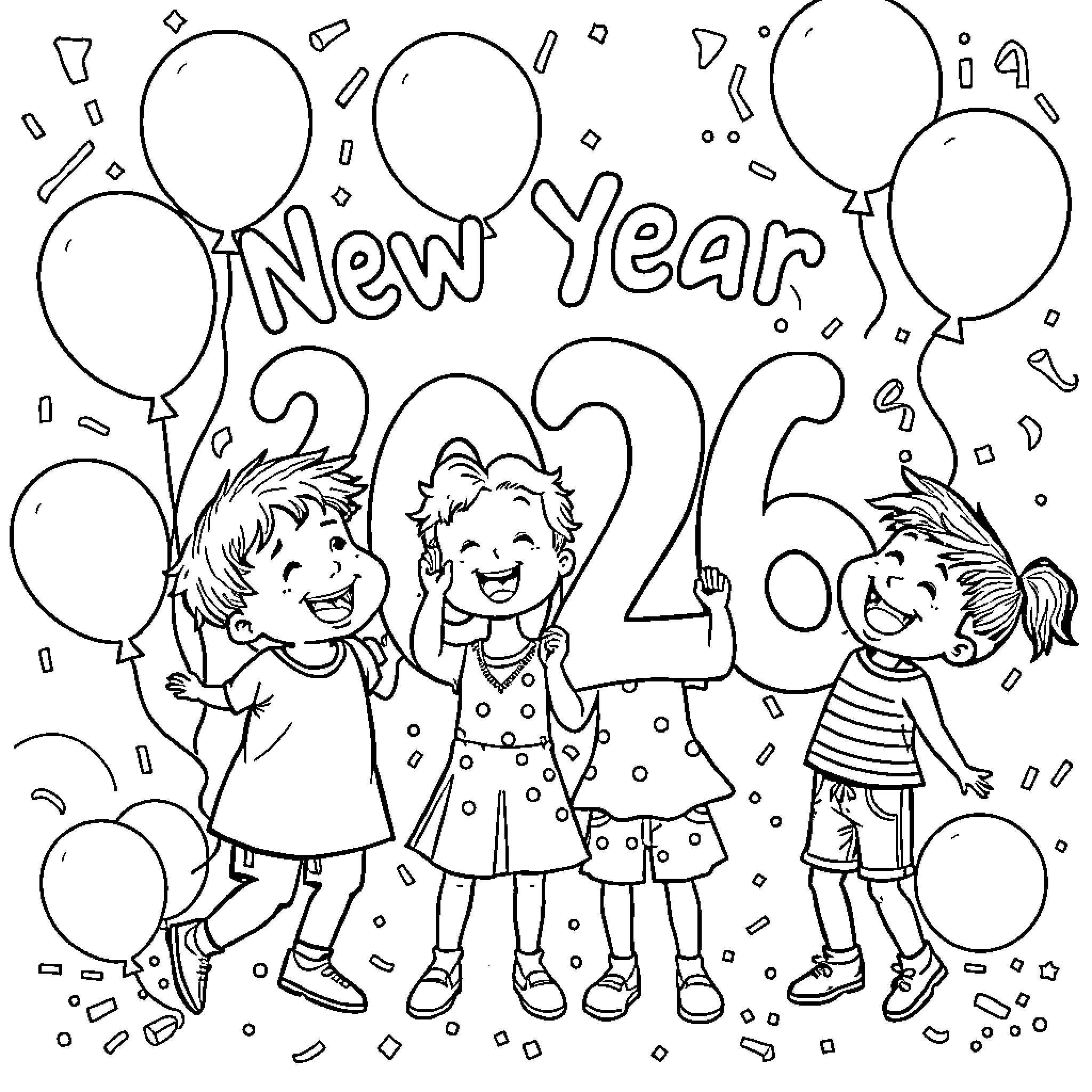 New Year celebration with happy children Coloring Page (free black-and-white line drawing printable PDF for all, from beginners to advanced learners, including children, teens, adults, and seniors)