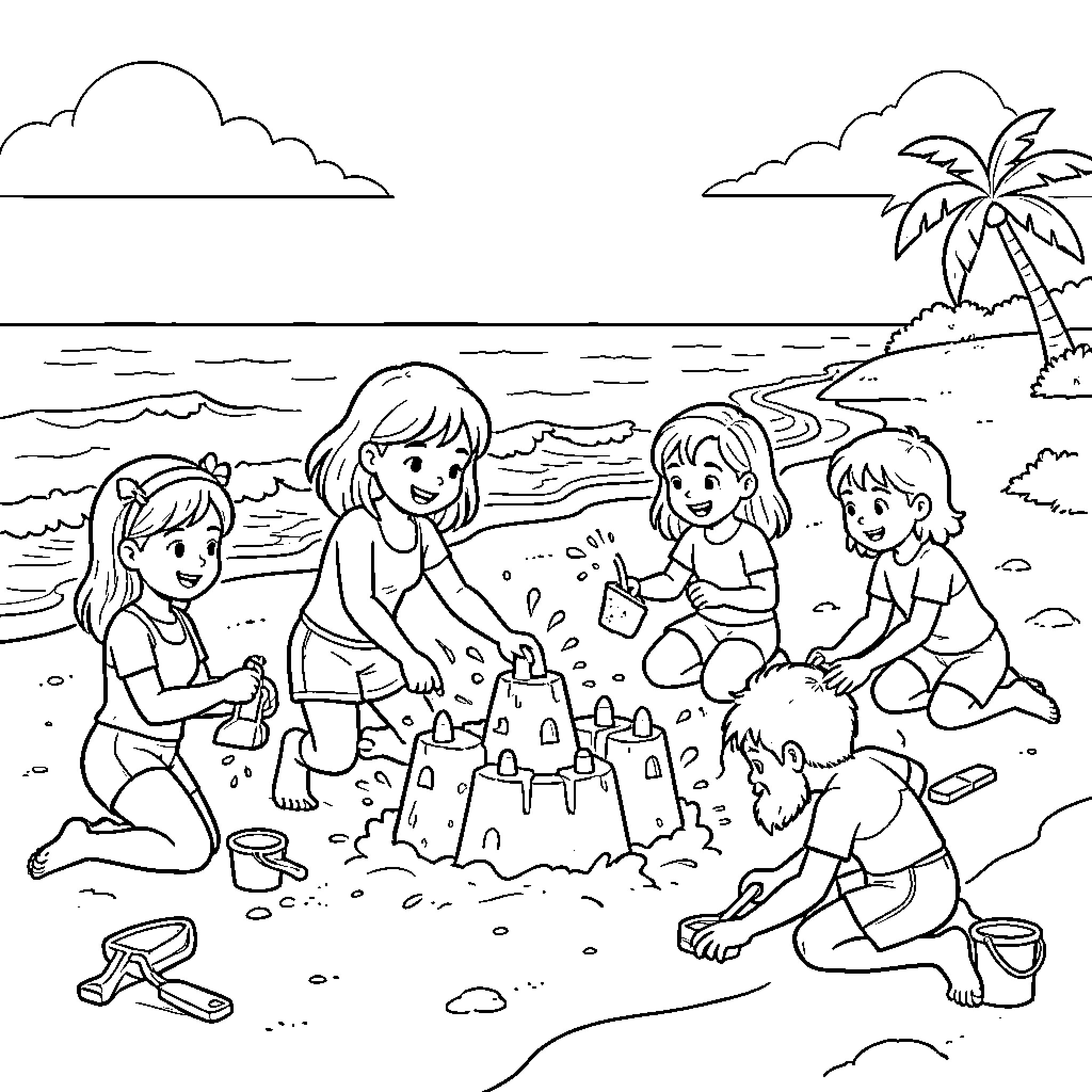 Bobbie Goods children building a sandcastle at the beach Coloring Page (free black-and-white line drawing printable PDF for all, from beginners to advanced learners, including children, teens, adults, and seniors)