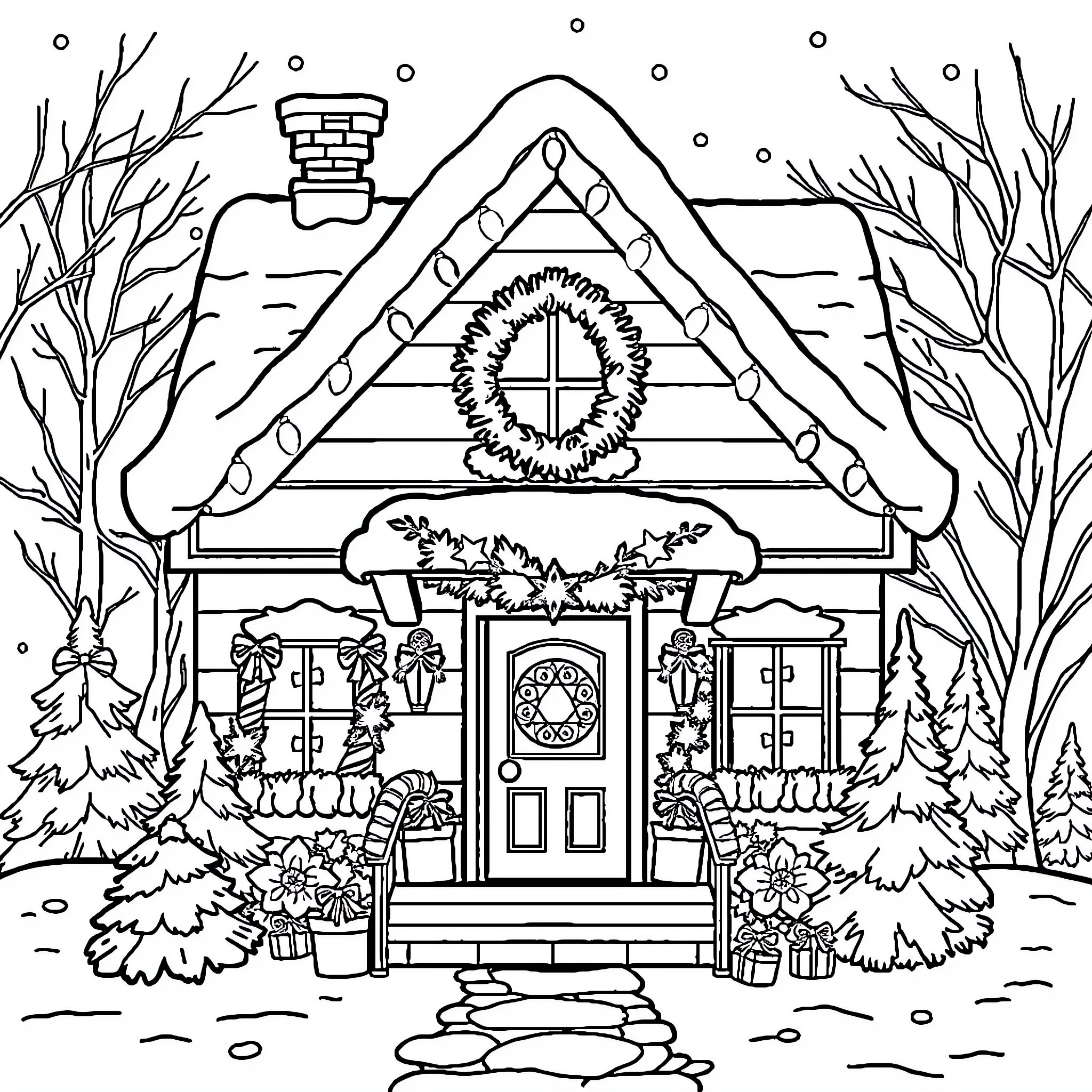 Christmas House with Snowy Winter Landscape Coloring Page (free black-and-white line drawing printable PDF for all, from beginners to advanced learners, including children, teens, adults, and seniors)