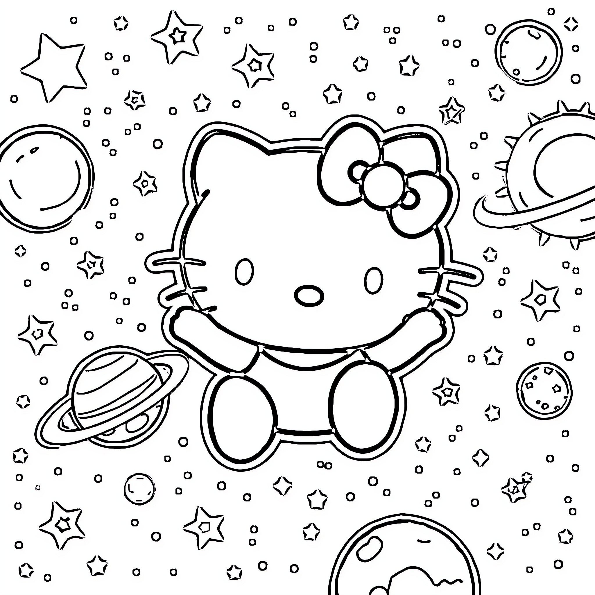 Hello Kitty in the Cosmic Scene Coloring Page (free black-and-white line drawing printable PDF for all, from beginners to advanced learners, including children, teens, adults, and seniors)