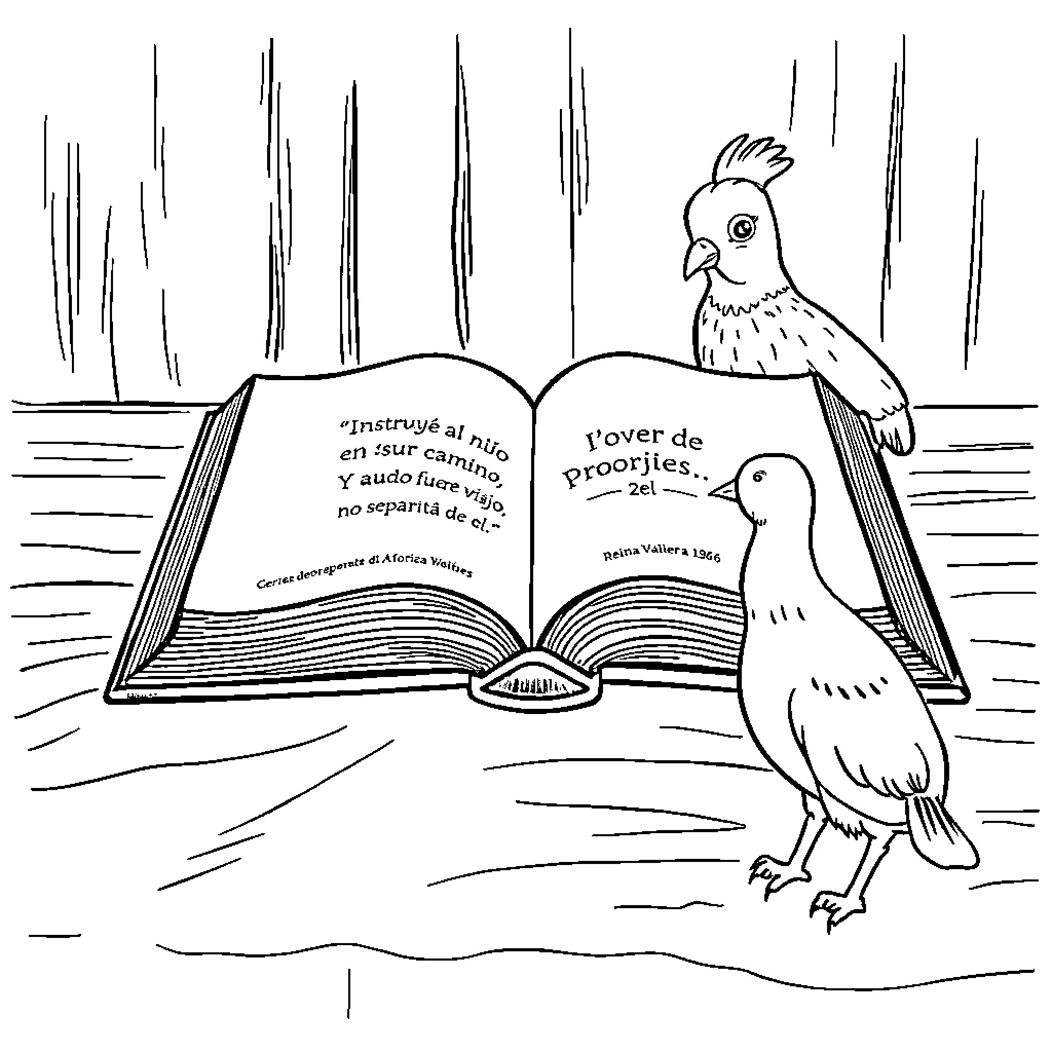 Bible featuring animals in learning scene Coloring Page (free black-and-white line drawing printable PDF for all, from beginners to advanced learners, including children, teens, adults, and seniors)