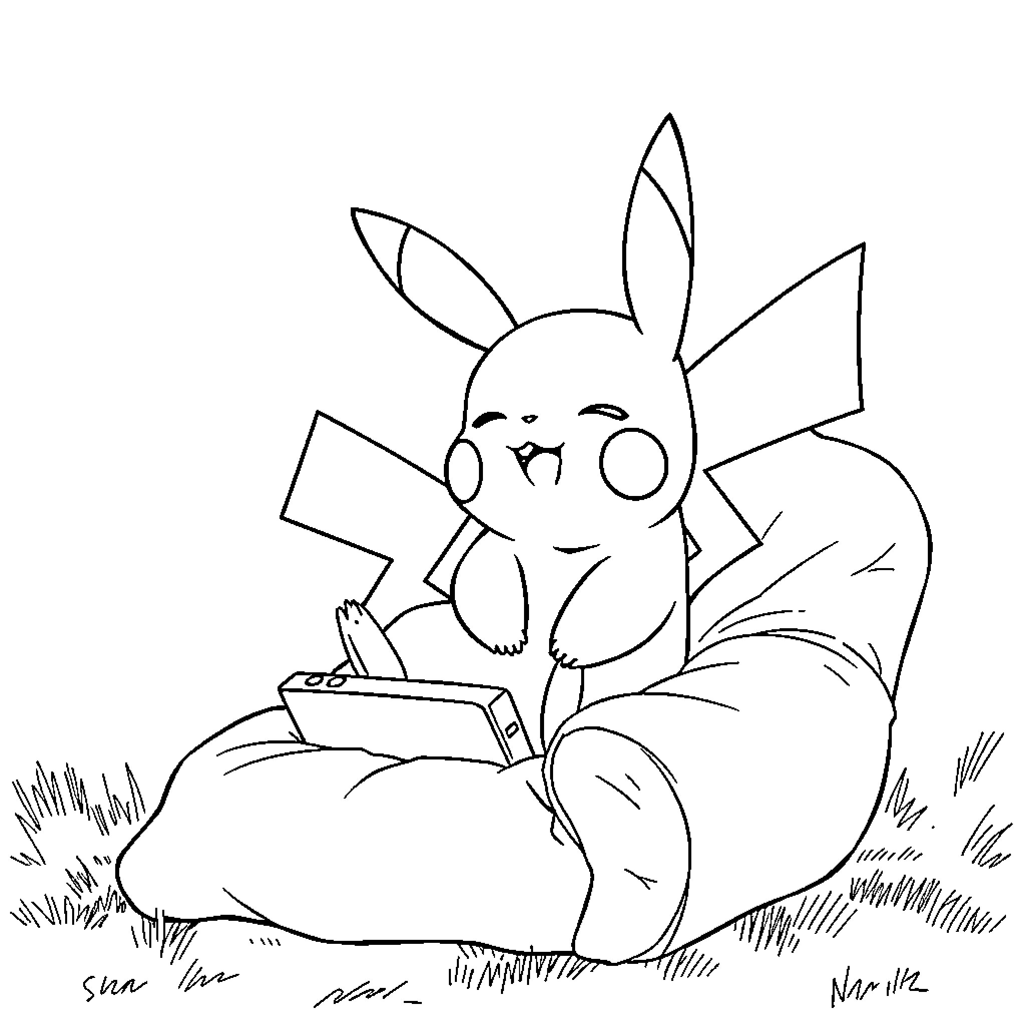 Pikachu playing with a video game console in the grass Coloring Page (free black-and-white line drawing printable PDF for all, from beginners to advanced learners, including children, teens, adults, and seniors)