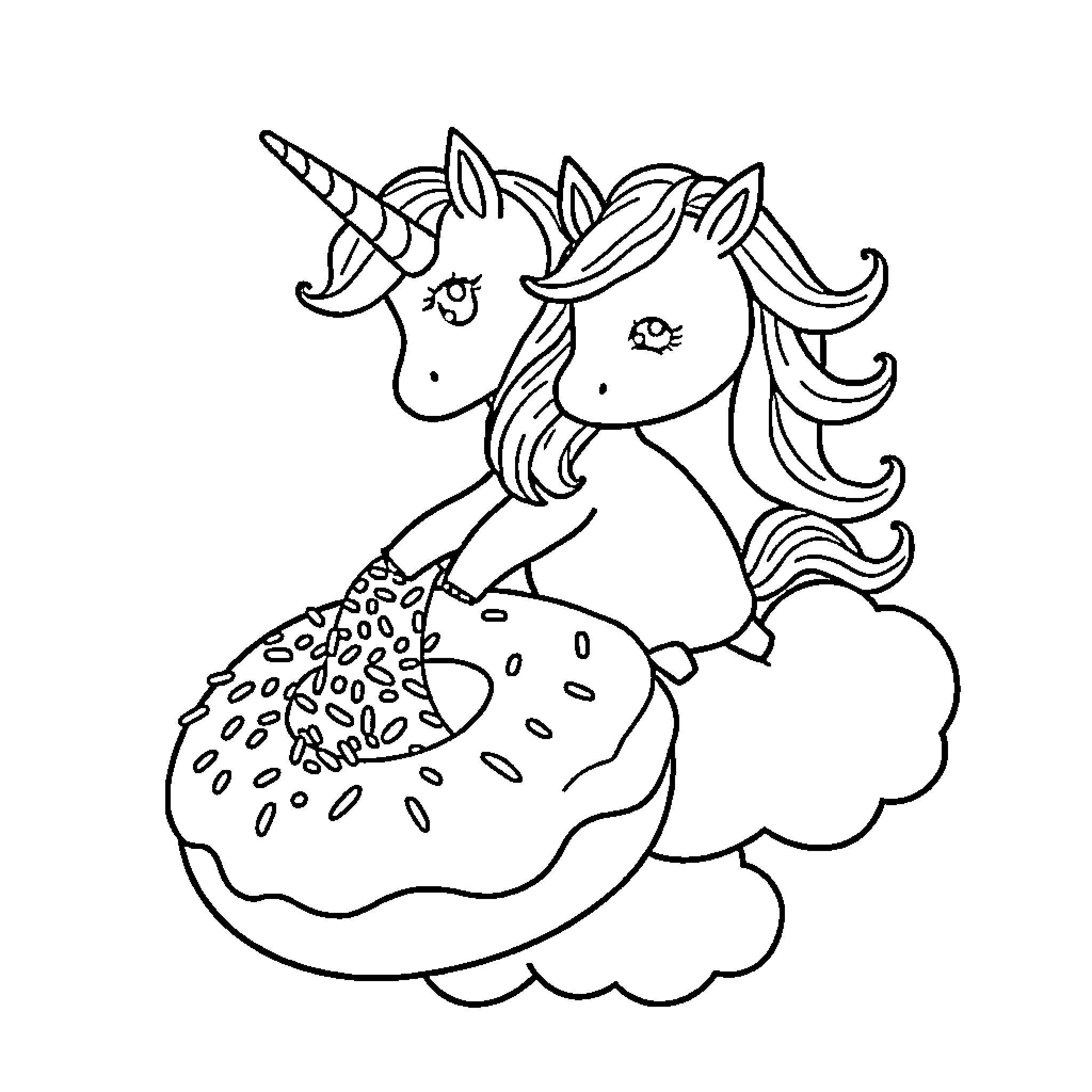 Unicorns dancing on clouds Coloring Page (free black-and-white line drawing printable PDF for all, from beginners to advanced learners, including children, teens, adults, and seniors)