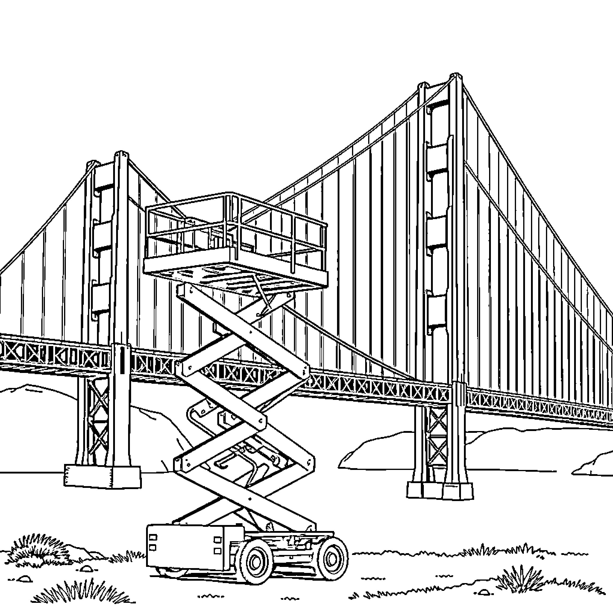 Scissorlift assisting with maintenance of suspension bridge Coloring Page (free black-and-white line drawing printable PDF for all, from beginners to advanced learners, including children, teens, adults, and seniors)