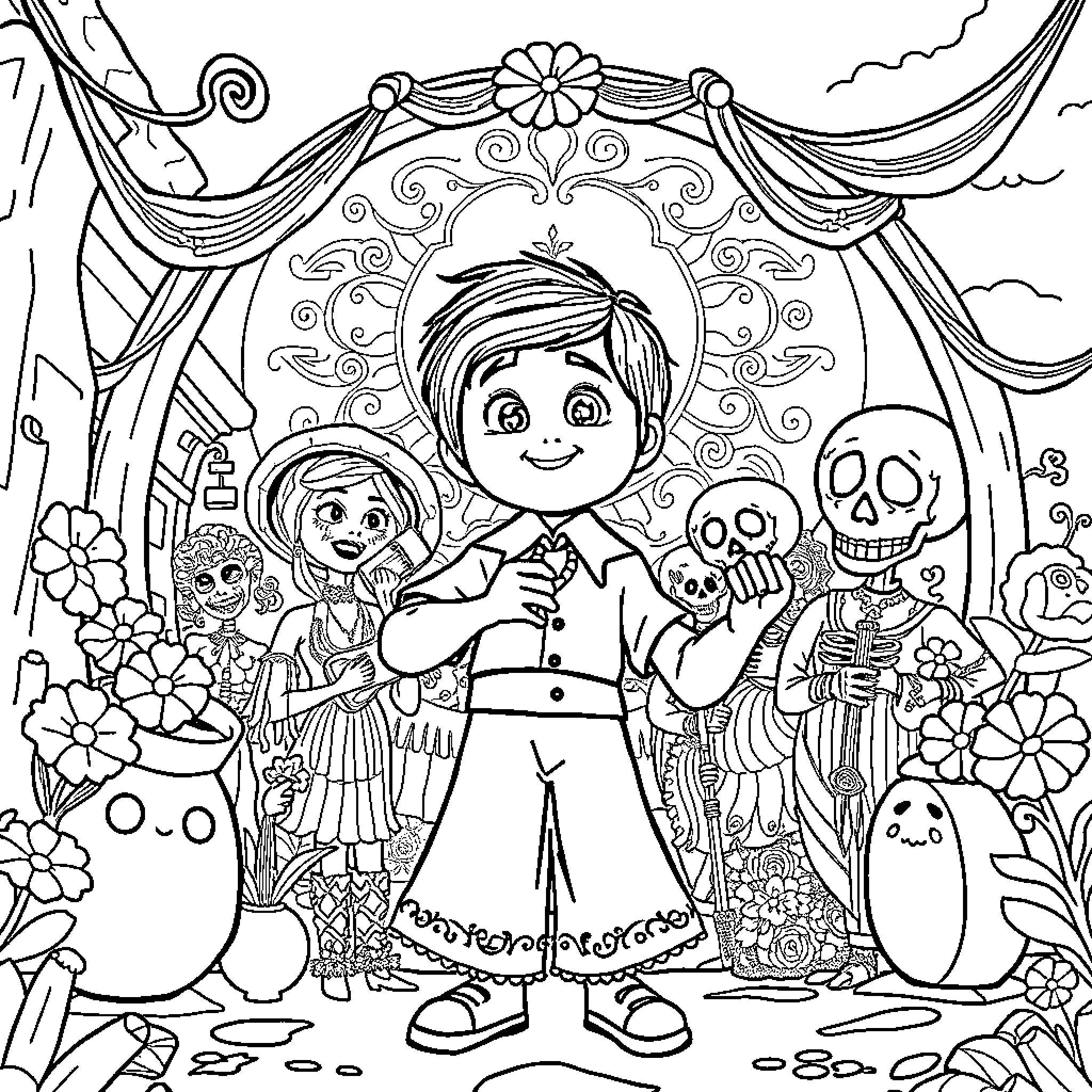 Coco's Vibrant and Whimsical Adventure Coloring Page (free black-and-white line drawing printable PDF for all, from beginners to advanced learners, including children, teens, adults, and seniors)