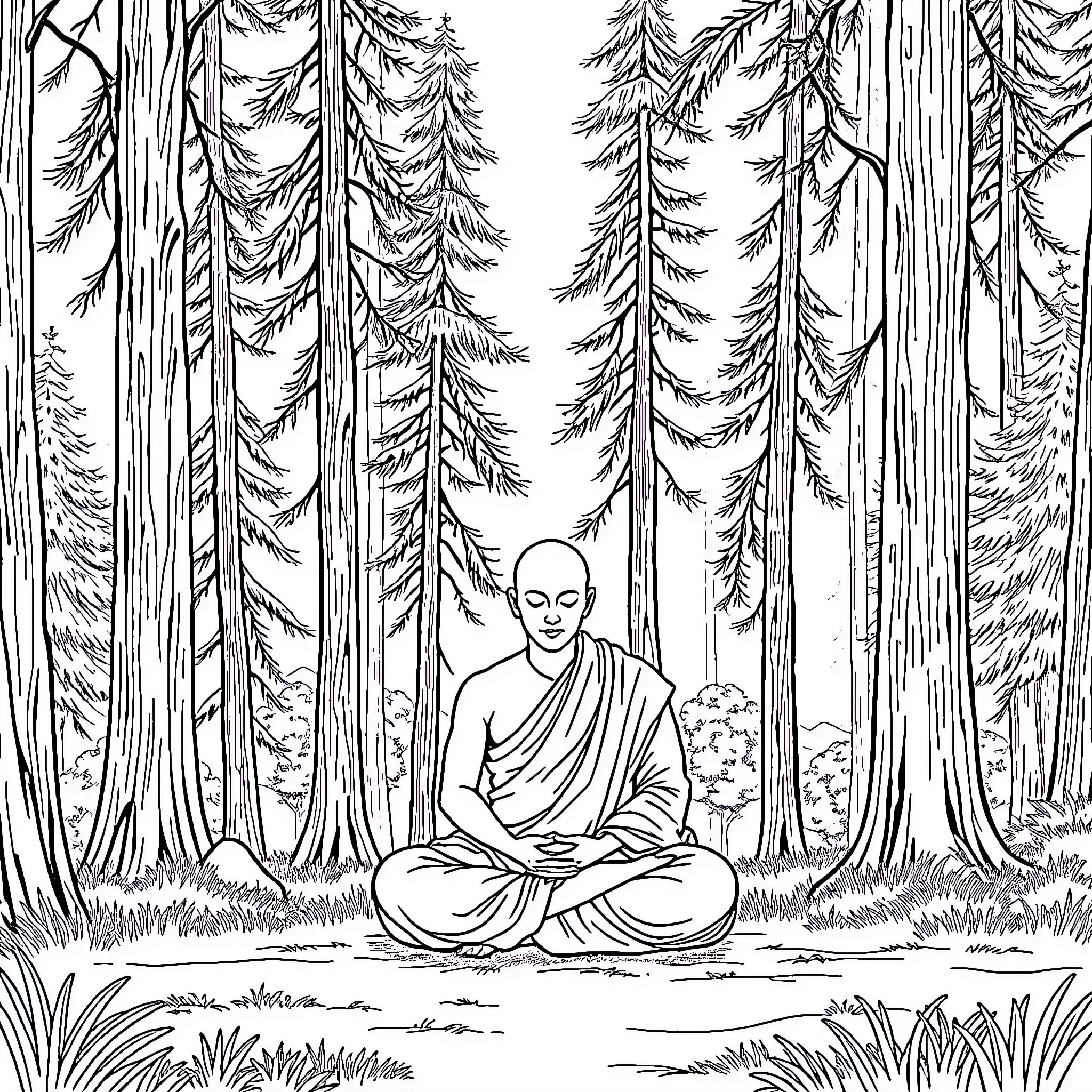 Monk in meditative pose in forest Coloring Page (free black-and-white line drawing printable PDF for all, from beginners to advanced learners, including children, teens, adults, and seniors)