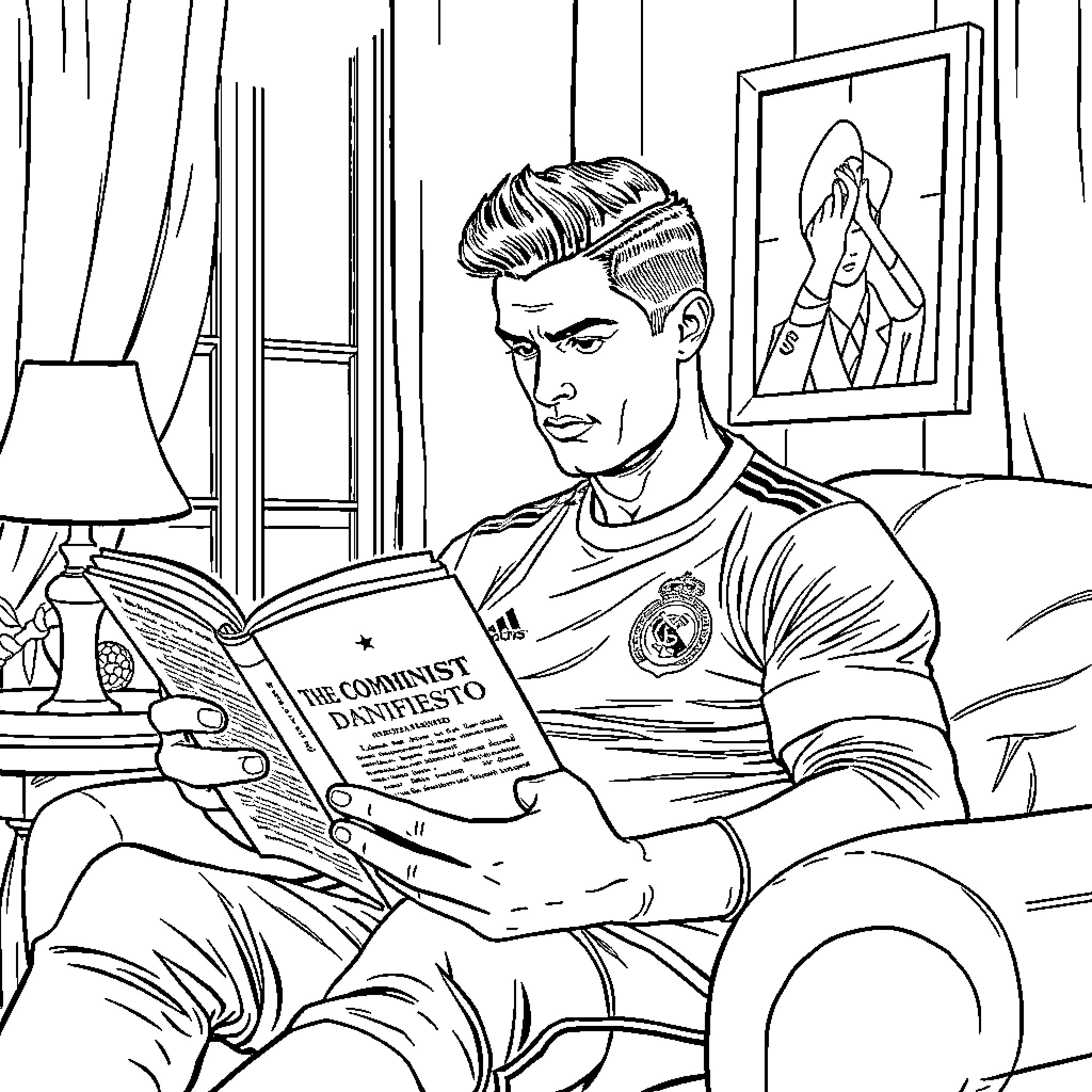 Cristiano Ronaldo reading a book in a contemplative pose Coloring Page (free black-and-white line drawing printable PDF for all, from beginners to advanced learners, including children, teens, adults, and seniors)