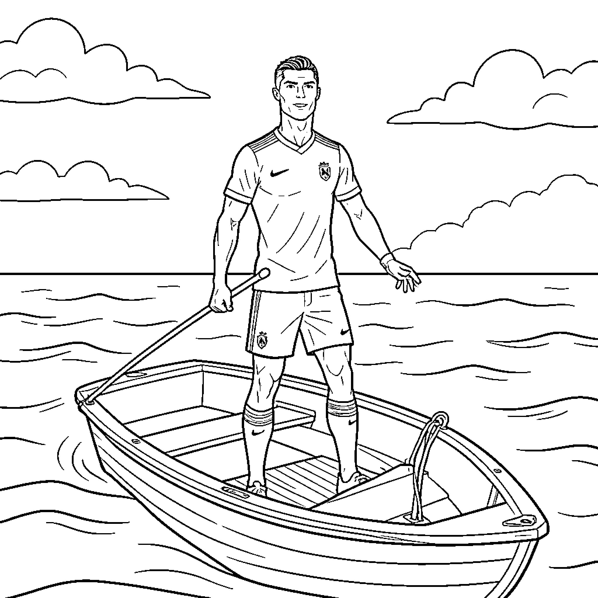 Cristiano Ronaldo standing on a boat in the ocean Coloring Page (free black-and-white line drawing printable PDF for all, from beginners to advanced learners, including children, teens, adults, and seniors)