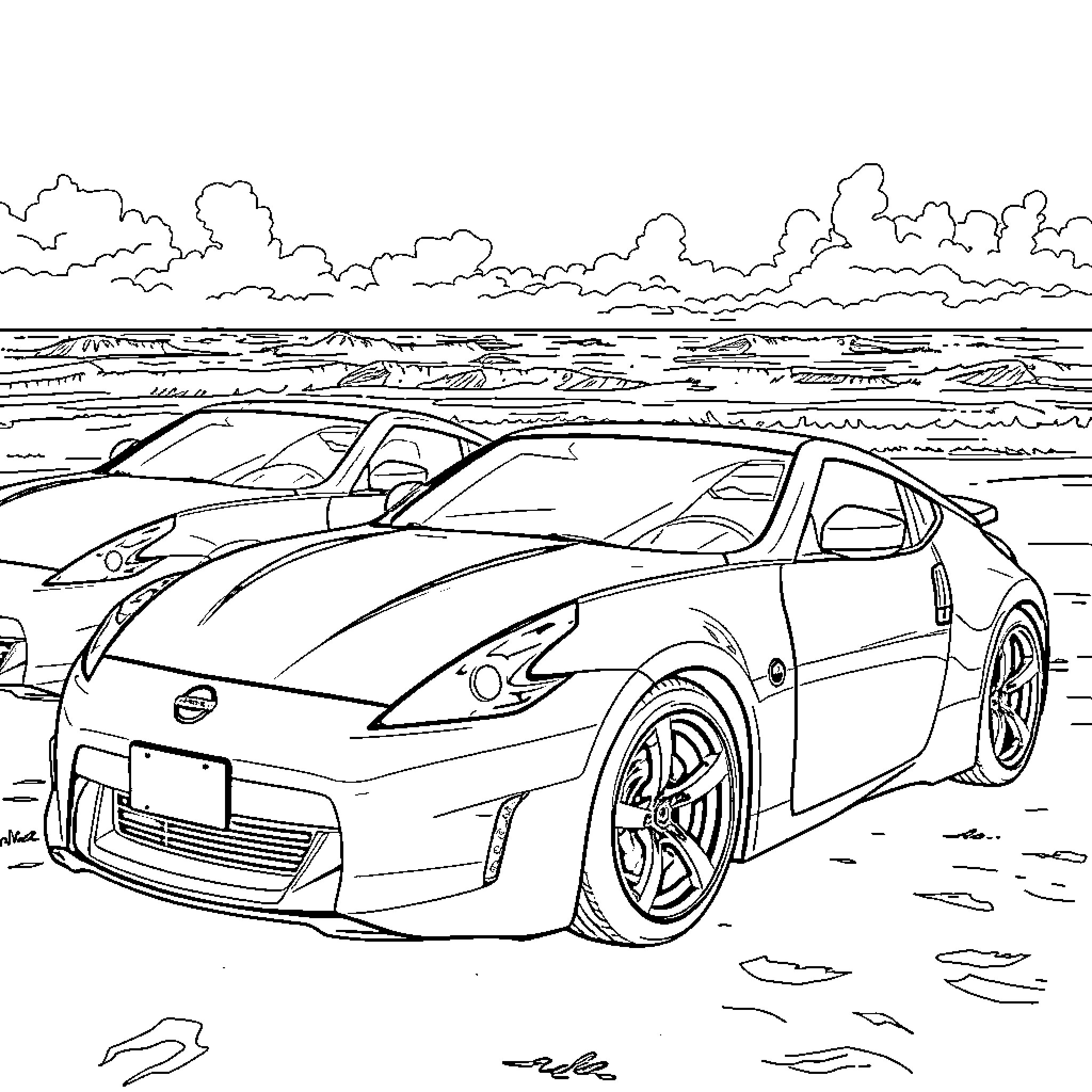 Nissan 370z sports cars on the beach Coloring Page (free black-and-white line drawing printable PDF for all, from beginners to advanced learners, including children, teens, adults, and seniors)