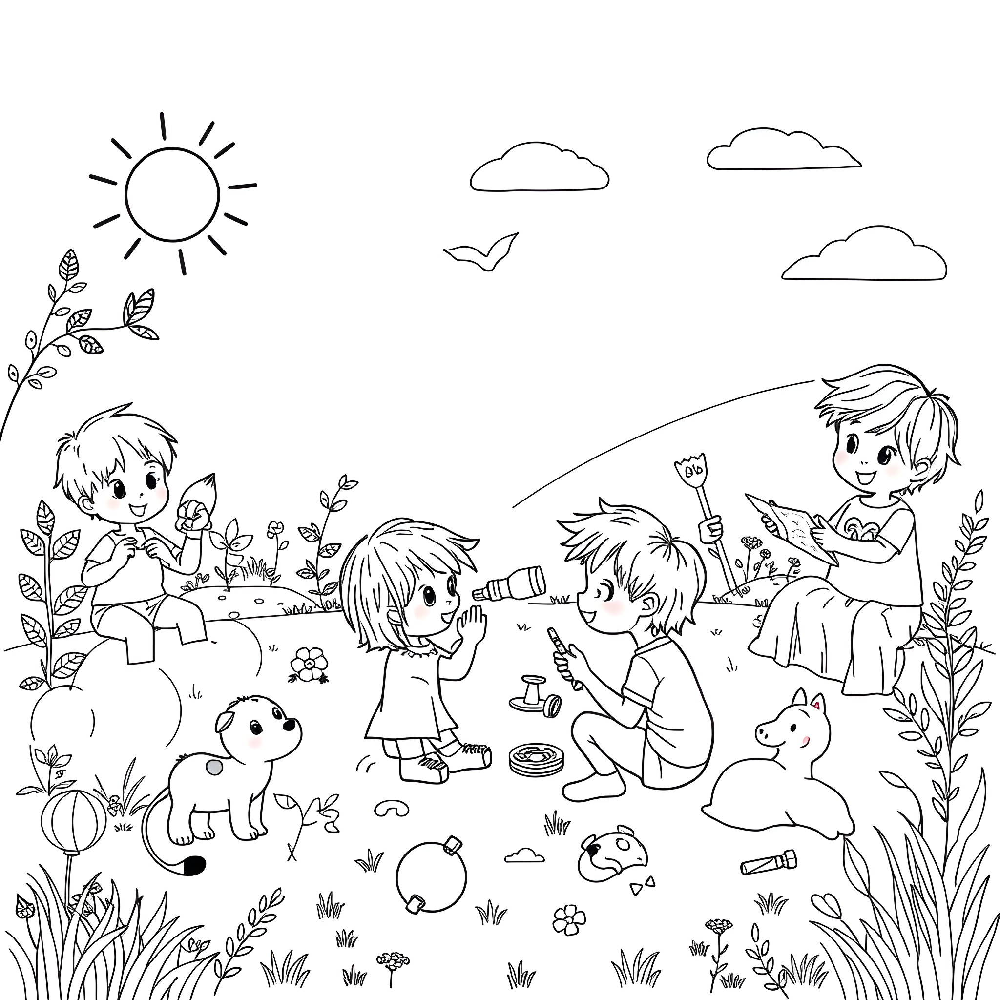 Kids enjoying outdoor activities on a sunny day Coloring Page (free black-and-white line drawing printable PDF for all, from beginners to advanced learners, including children, teens, adults, and seniors)