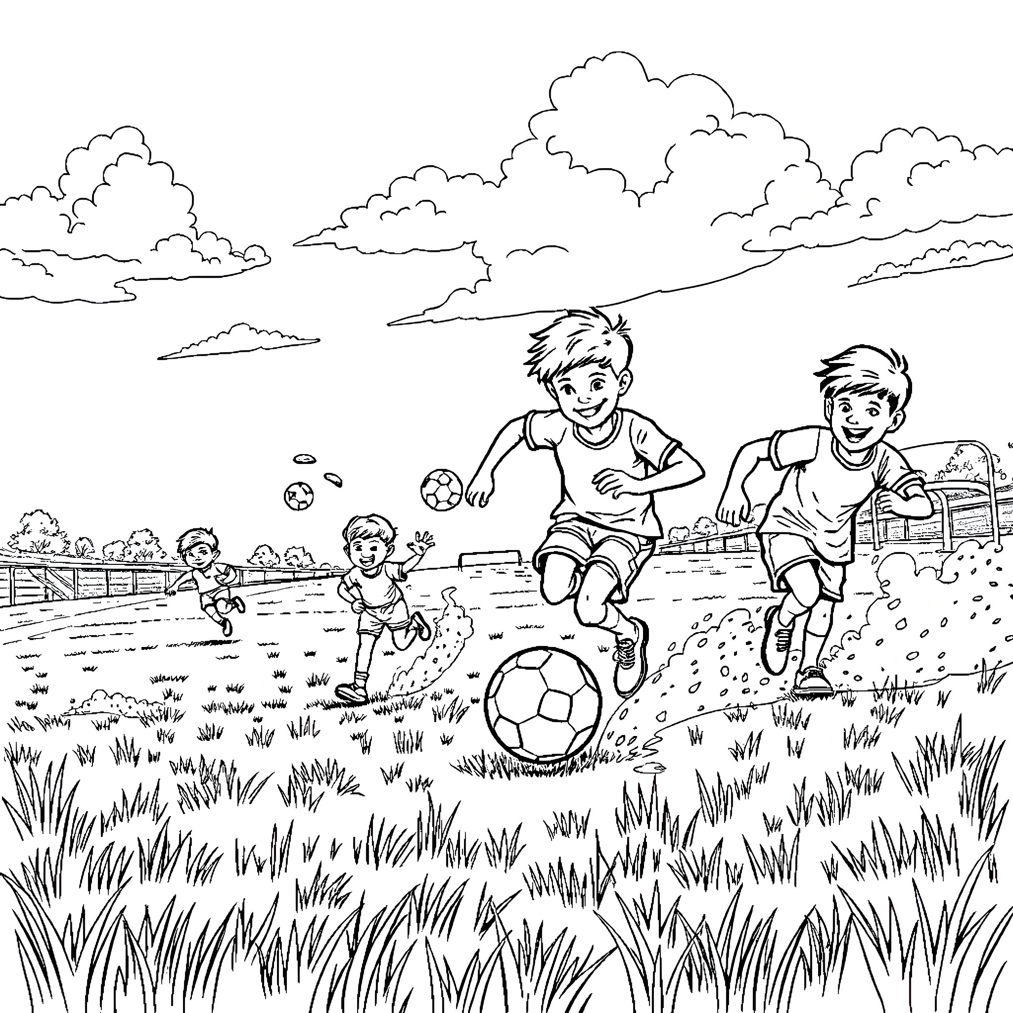Boys playing soccer in the countryside Coloring Page (free black-and-white line drawing printable PDF for all, from beginners to advanced learners, including children, teens, adults, and seniors)