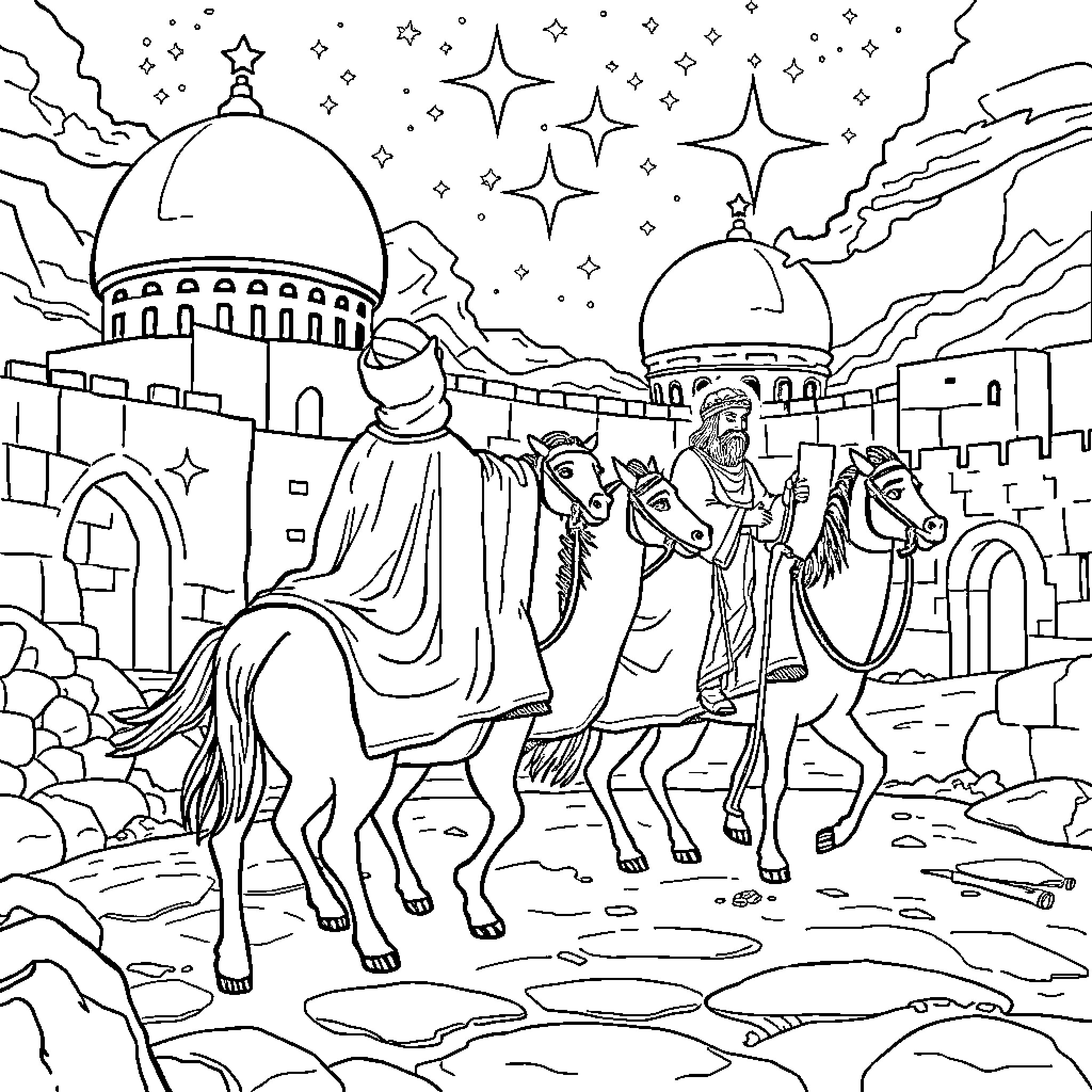 Reyes Magos Journey to Bethlehem Coloring Page (free black-and-white line drawing printable PDF for all, from beginners to advanced learners, including children, teens, adults, and seniors)