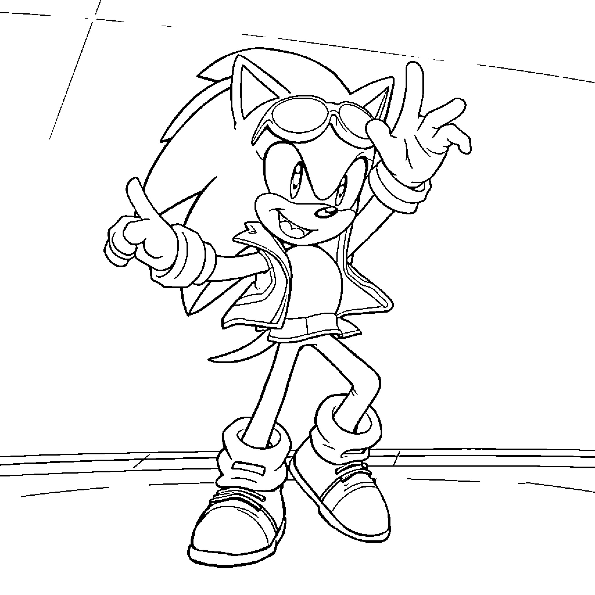 Sonic character in playful pose Coloring Page (free black-and-white line drawing printable PDF for all, from beginners to advanced learners, including children, teens, adults, and seniors)