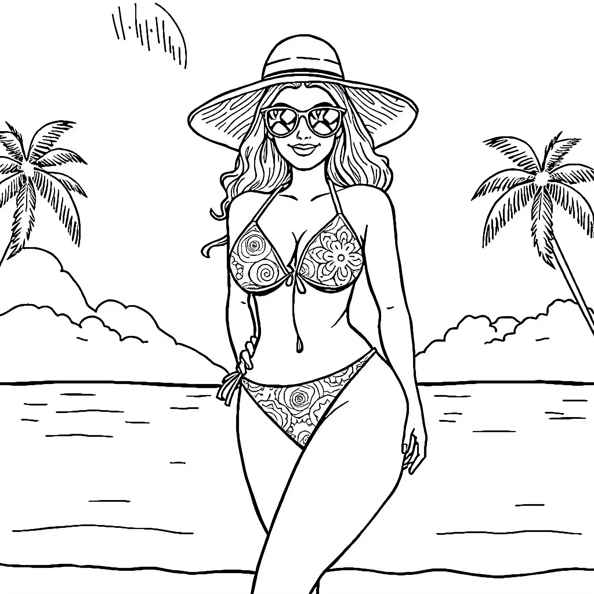 Bikini-clad woman relaxing on the beach Coloring Page (free black-and-white line drawing printable PDF for all, from beginners to advanced learners, including children, teens, adults, and seniors)