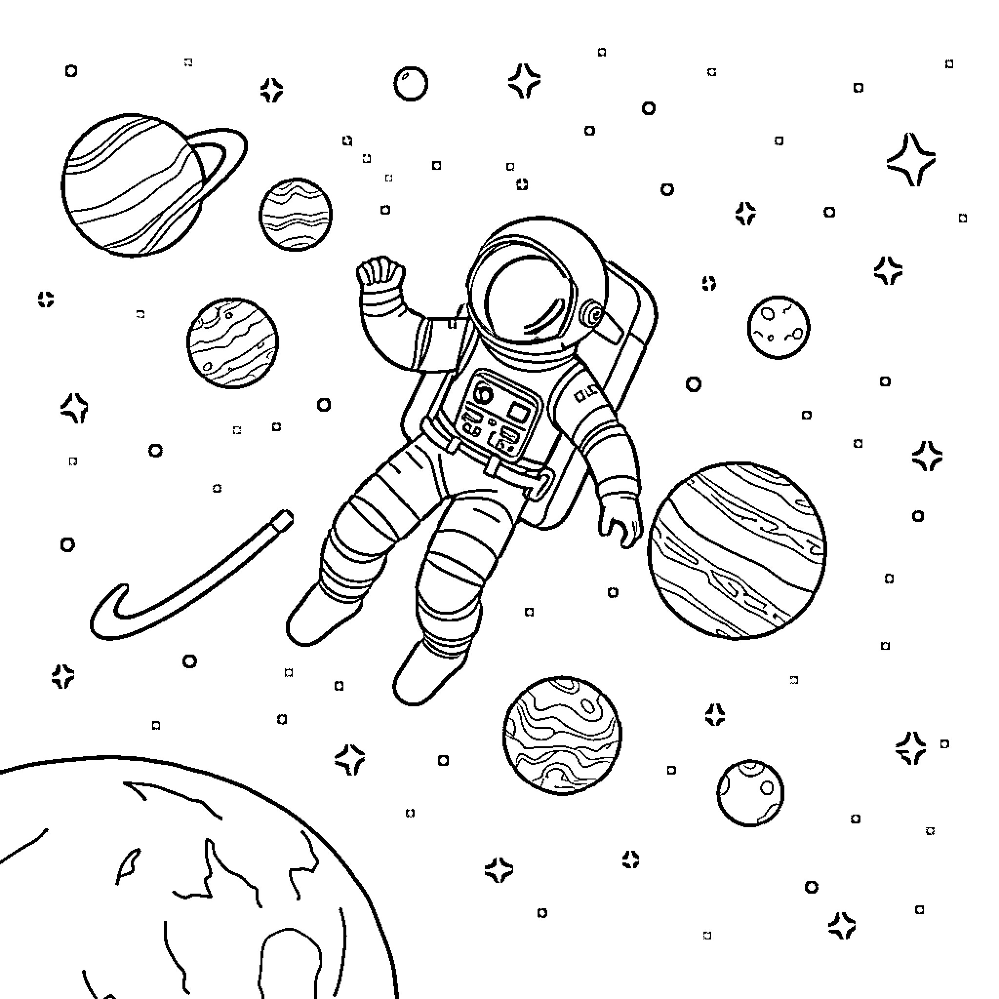 Astronaut exploring the wonders of outer space Coloring Page (free black-and-white line drawing printable PDF for all, from beginners to advanced learners, including children, teens, adults, and seniors)
