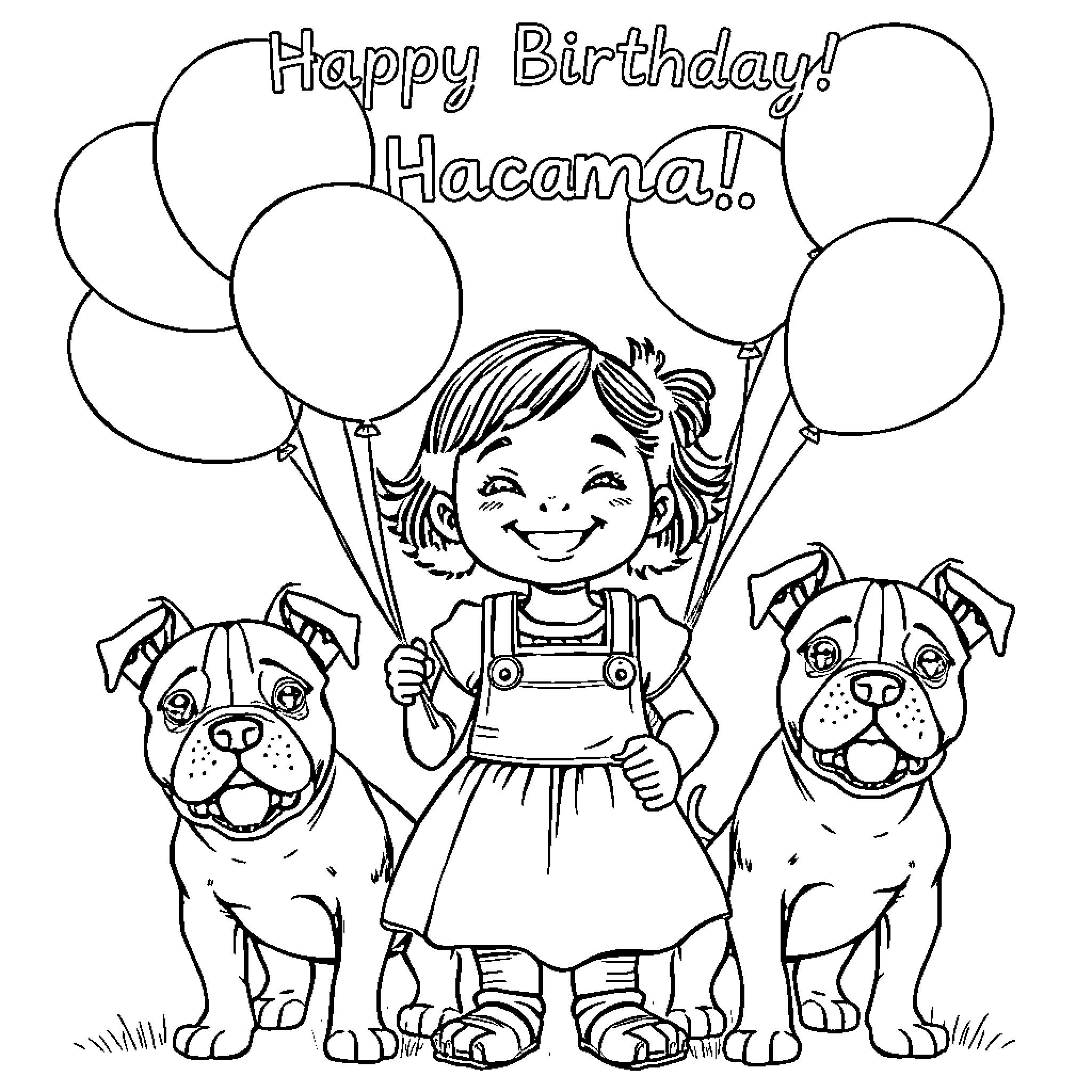 Girl celebrates birthday with playful puppies Coloring Page (free black-and-white line drawing printable PDF for all, from beginners to advanced learners, including children, teens, adults, and seniors)