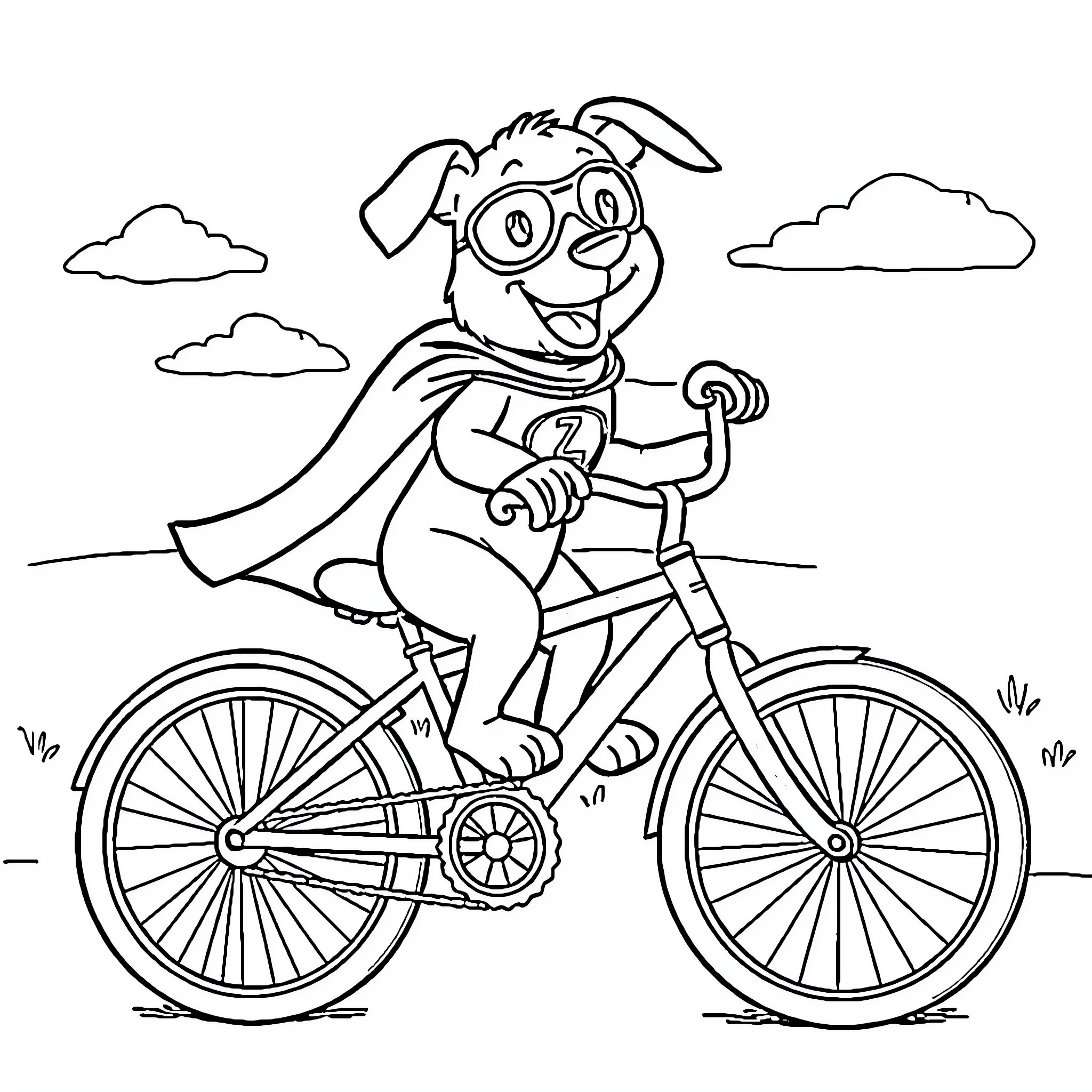 Dog riding bicycle on a sunny day Coloring Page (free black-and-white line drawing printable PDF for all, from beginners to advanced learners, including children, teens, adults, and seniors)