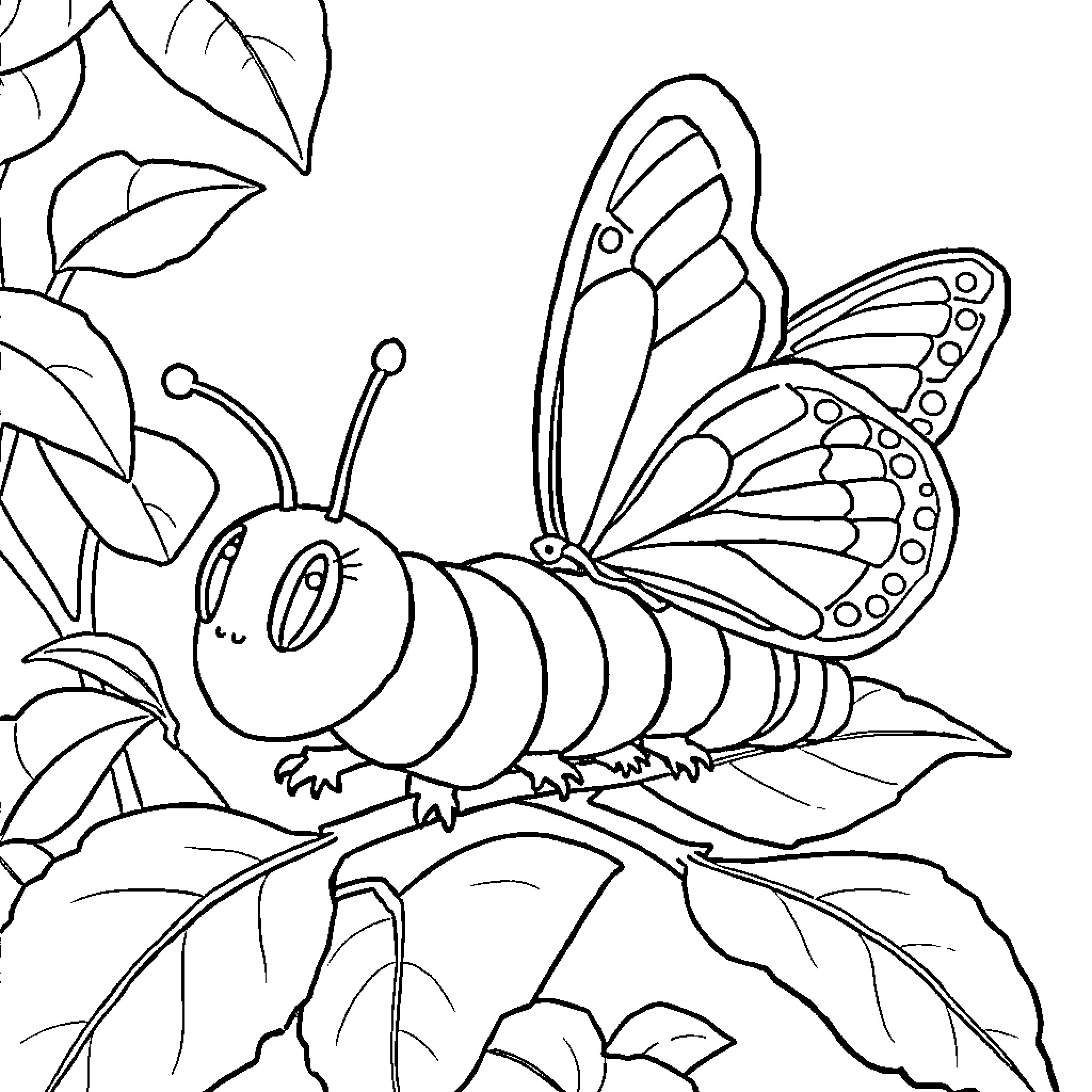 Caterpillar with Butterfly Wings on Leaf Coloring Page (free black-and-white line drawing printable PDF for all, from beginners to advanced learners, including children, teens, adults, and seniors)