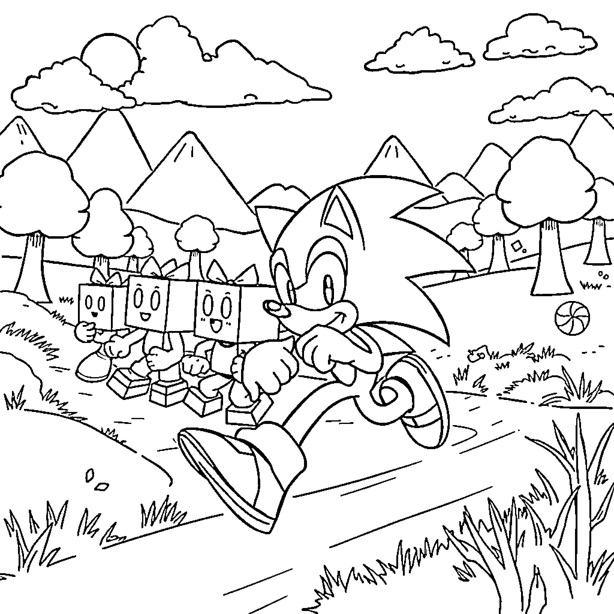 Sonic's Adventurous Journey in the Lush Landscape Coloring Page (free black-and-white line drawing printable PDF for all, from beginners to advanced learners, including children, teens, adults, and seniors)