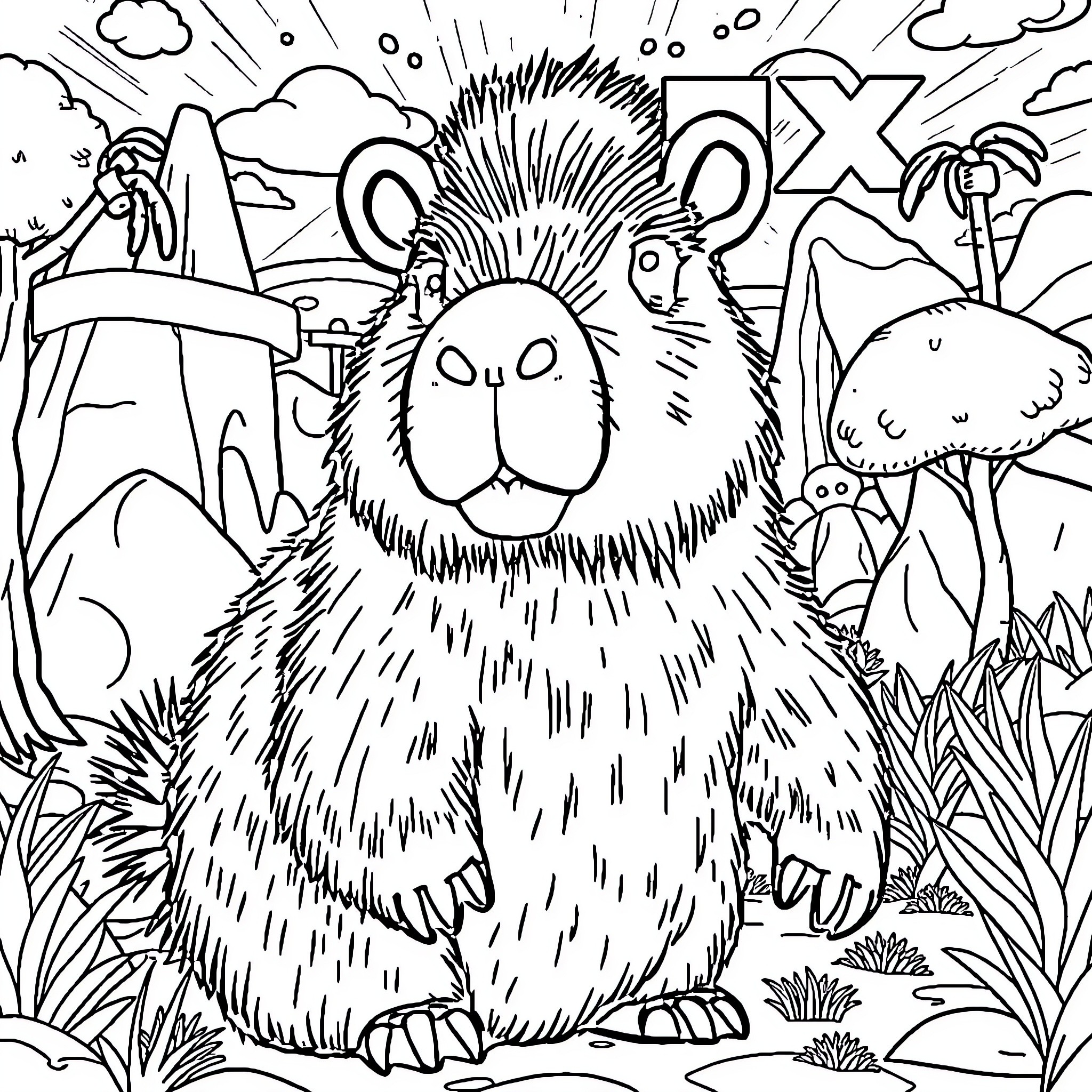 Capybara exploring a vibrant jungle landscape Coloring Page (free black-and-white line drawing printable PDF for all, from beginners to advanced learners, including children, teens, adults, and seniors)