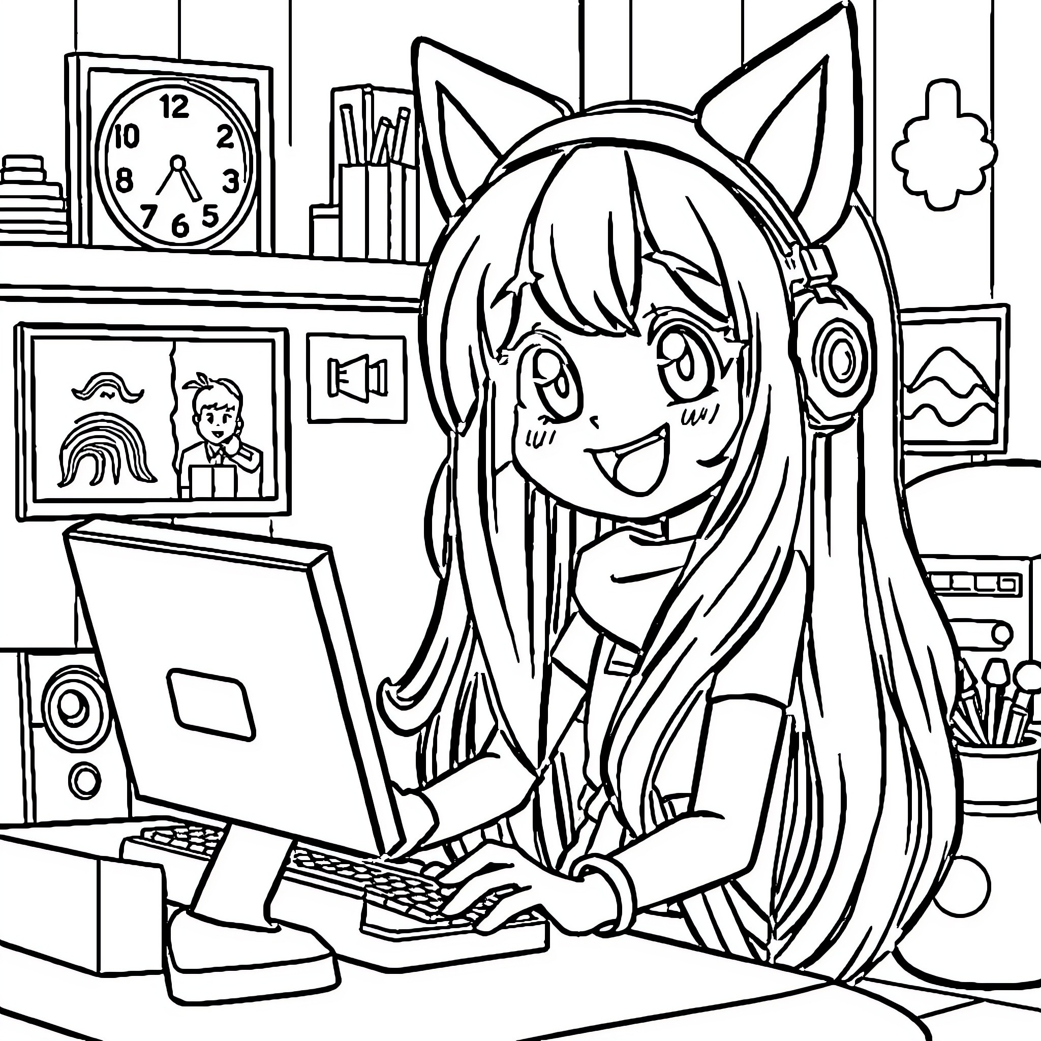 Aphmau working joyfully at her computer setup Coloring Page (free black-and-white line drawing printable PDF for all, from beginners to advanced learners, including children, teens, adults, and seniors)