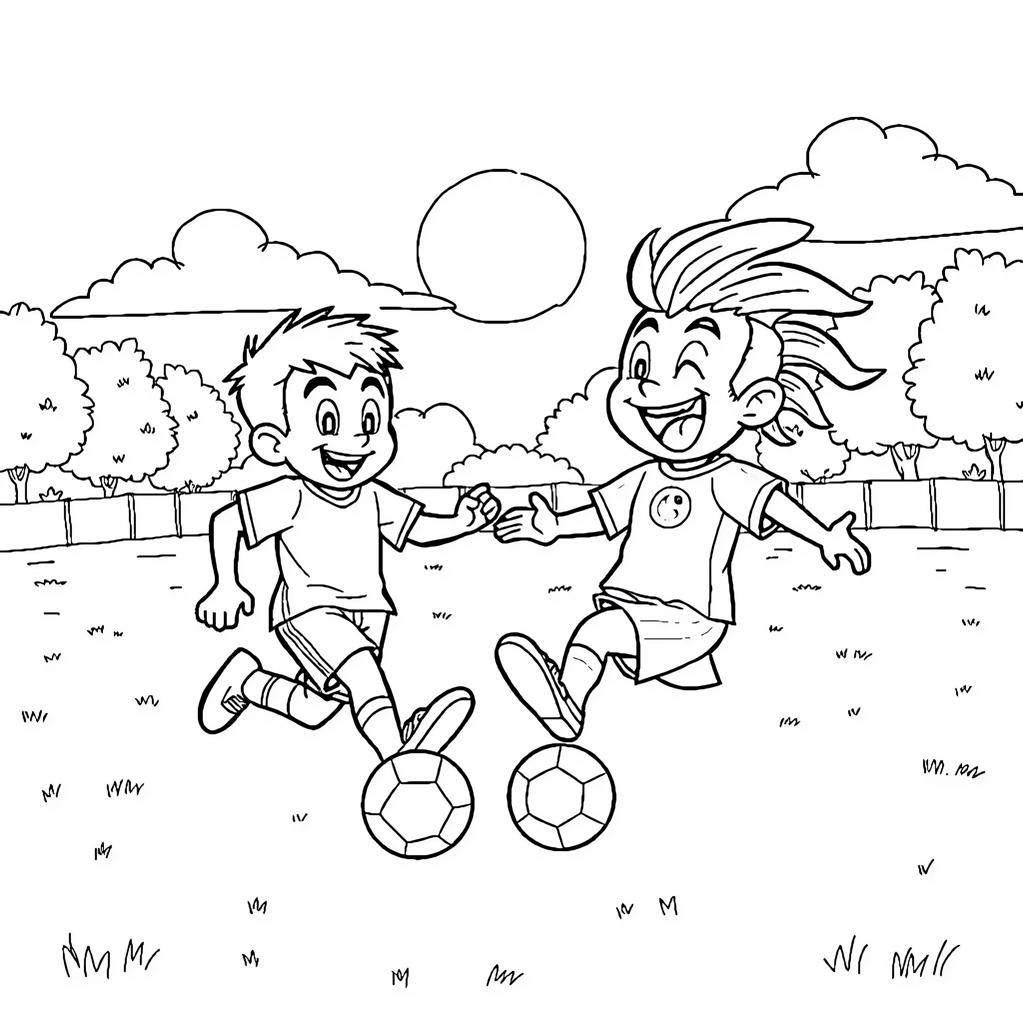 Bluey and friends playing soccer outdoors Coloring Page (free black-and-white line drawing printable PDF for all, from beginners to advanced learners, including children, teens, adults, and seniors)