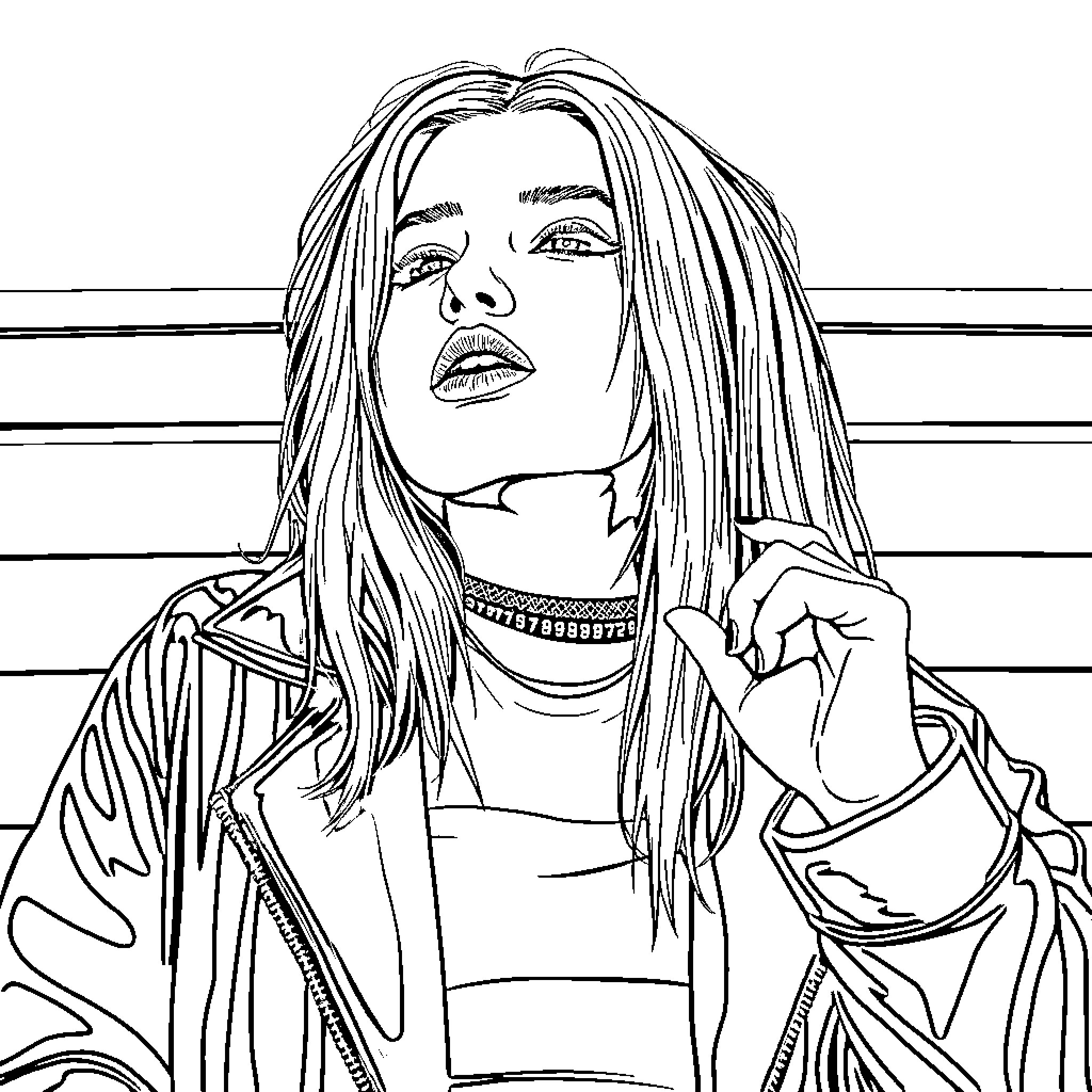 Billie Eilish in Pensive Pose with Striking Hairstyle Coloring Page (free black-and-white line drawing printable PDF for all, from beginners to advanced learners, including children, teens, adults, and seniors)
