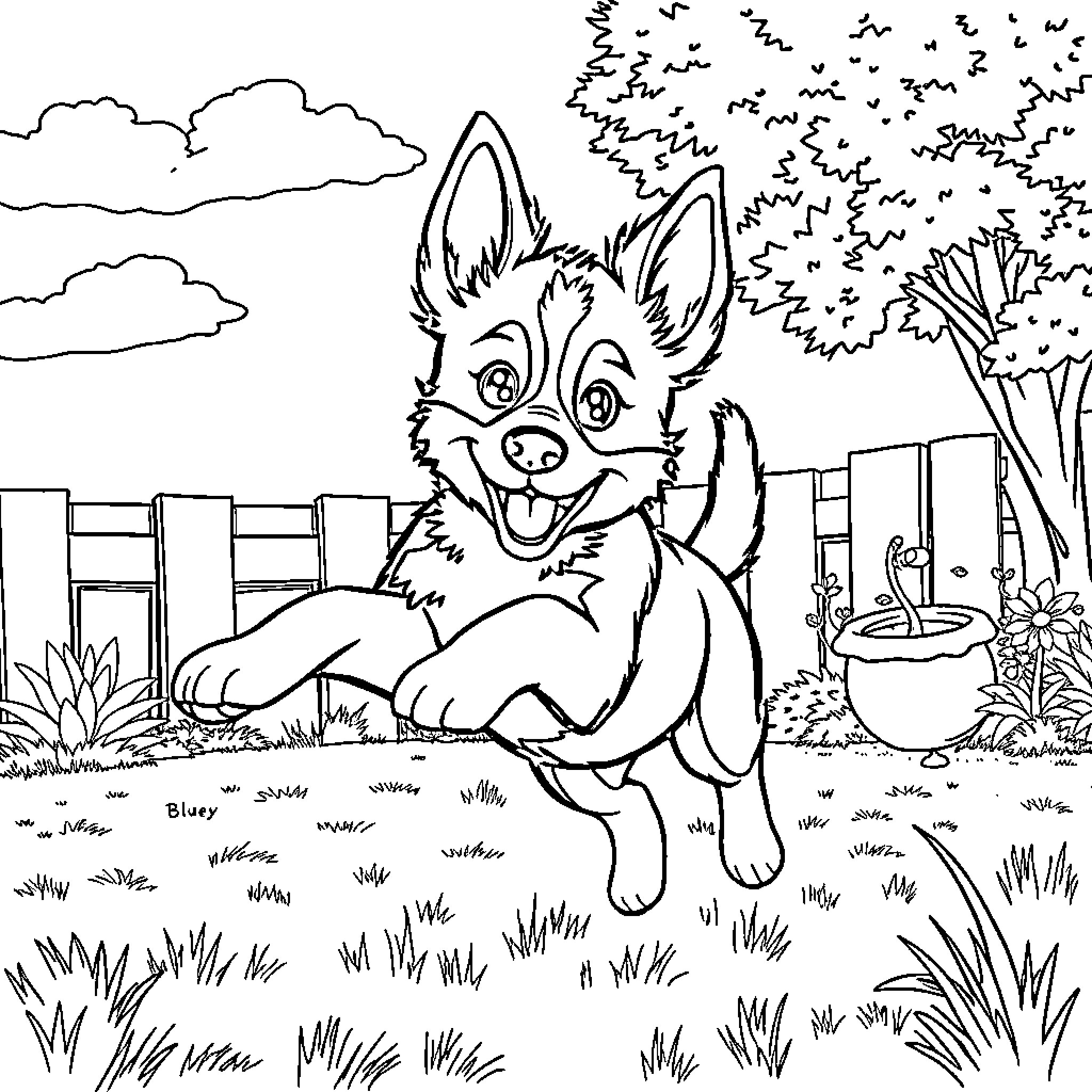 Bluey playing happily in the backyard Coloring Page (free black-and-white line drawing printable PDF for all, from beginners to advanced learners, including children, teens, adults, and seniors)