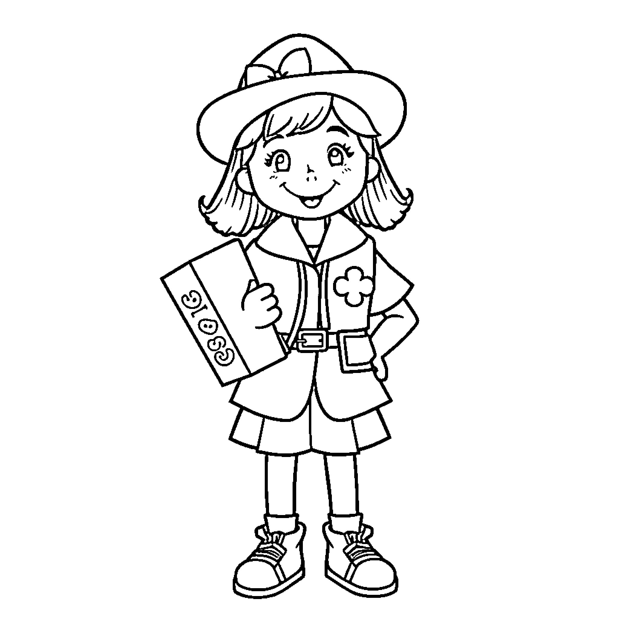 Girl Scout Smiling with Patch and Accessories Coloring Page (free black-and-white line drawing printable PDF for all, from beginners to advanced learners, including children, teens, adults, and seniors)