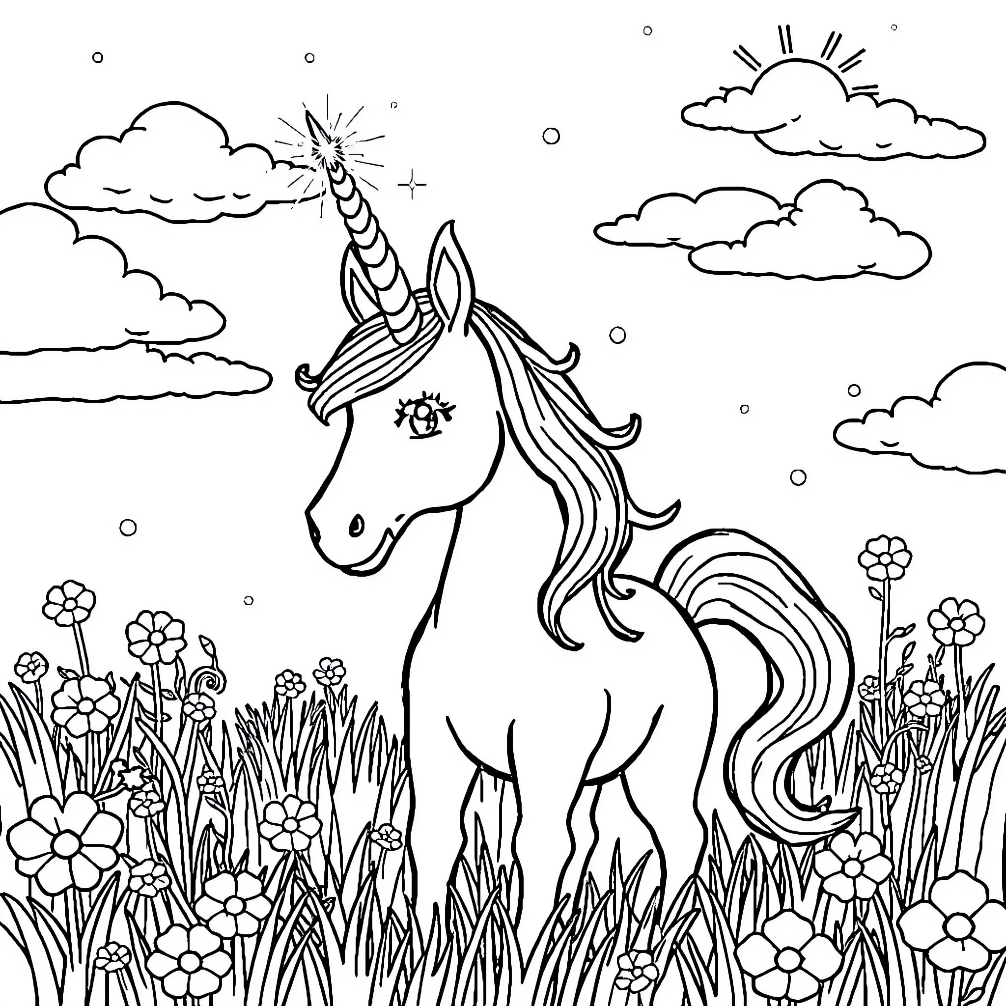 Unicorn prancing through a magical meadow Coloring Page (free black-and-white line drawing printable PDF for all, from beginners to advanced learners, including children, teens, adults, and seniors)