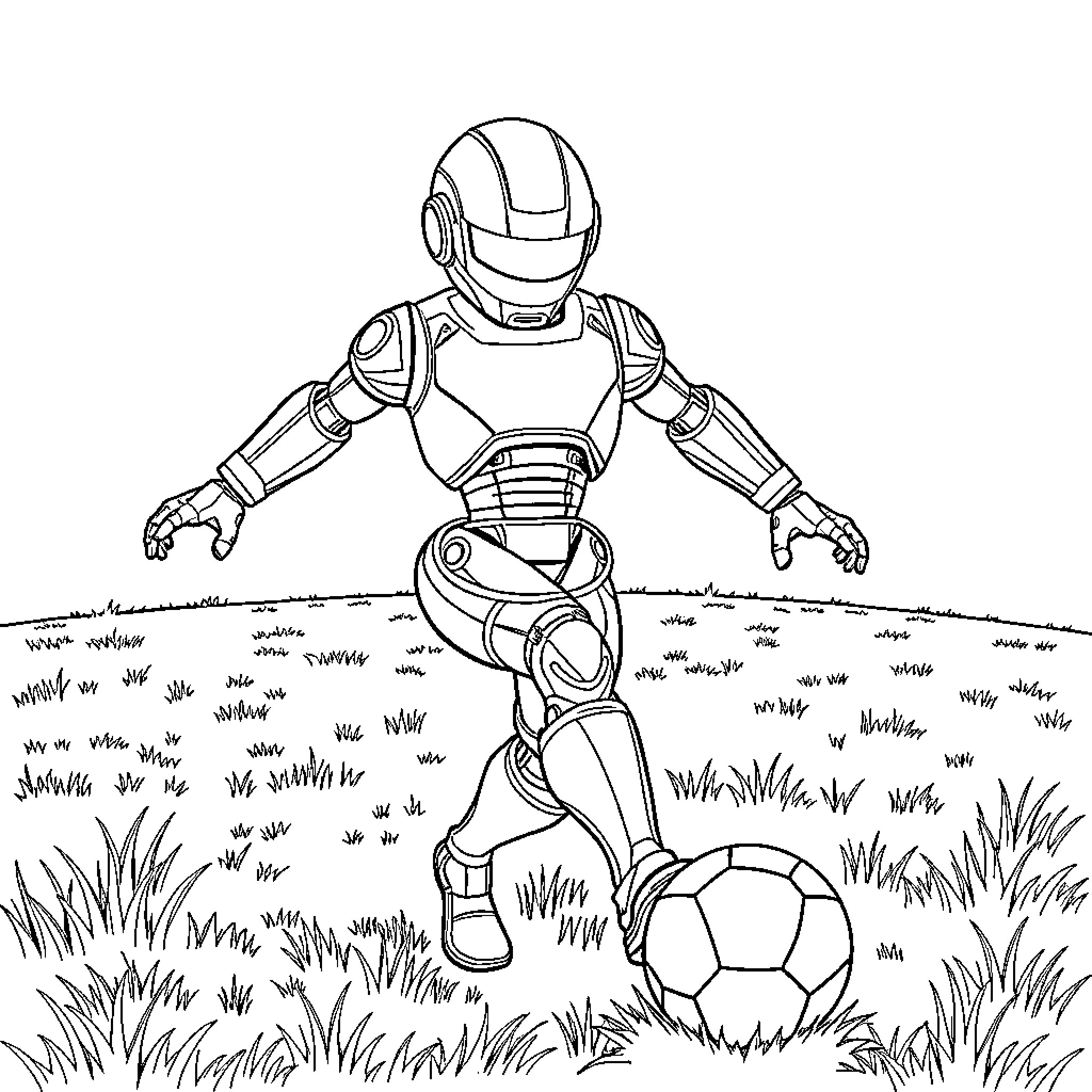 Robot playing with soccer ball in grassy field Coloring Page (free black-and-white line drawing printable PDF for all, from beginners to advanced learners, including children, teens, adults, and seniors)
